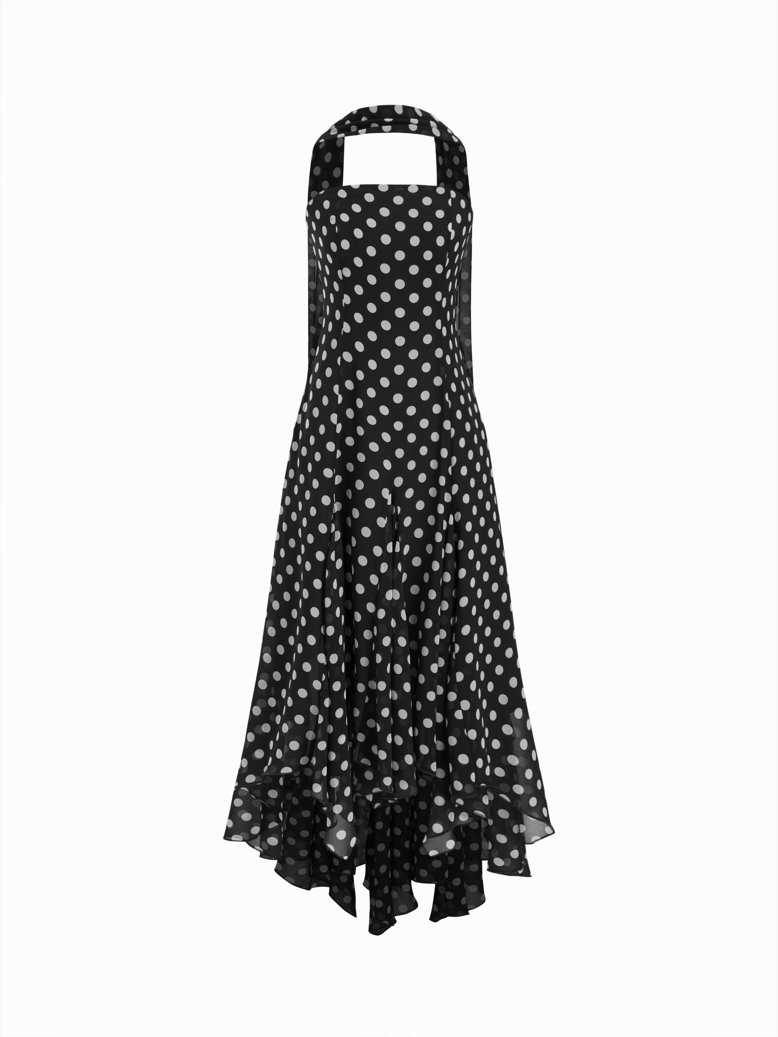 Chiffon Halter Neckline Polka Dot Ruffled Hem Ruched Maxi Dress by CIDER