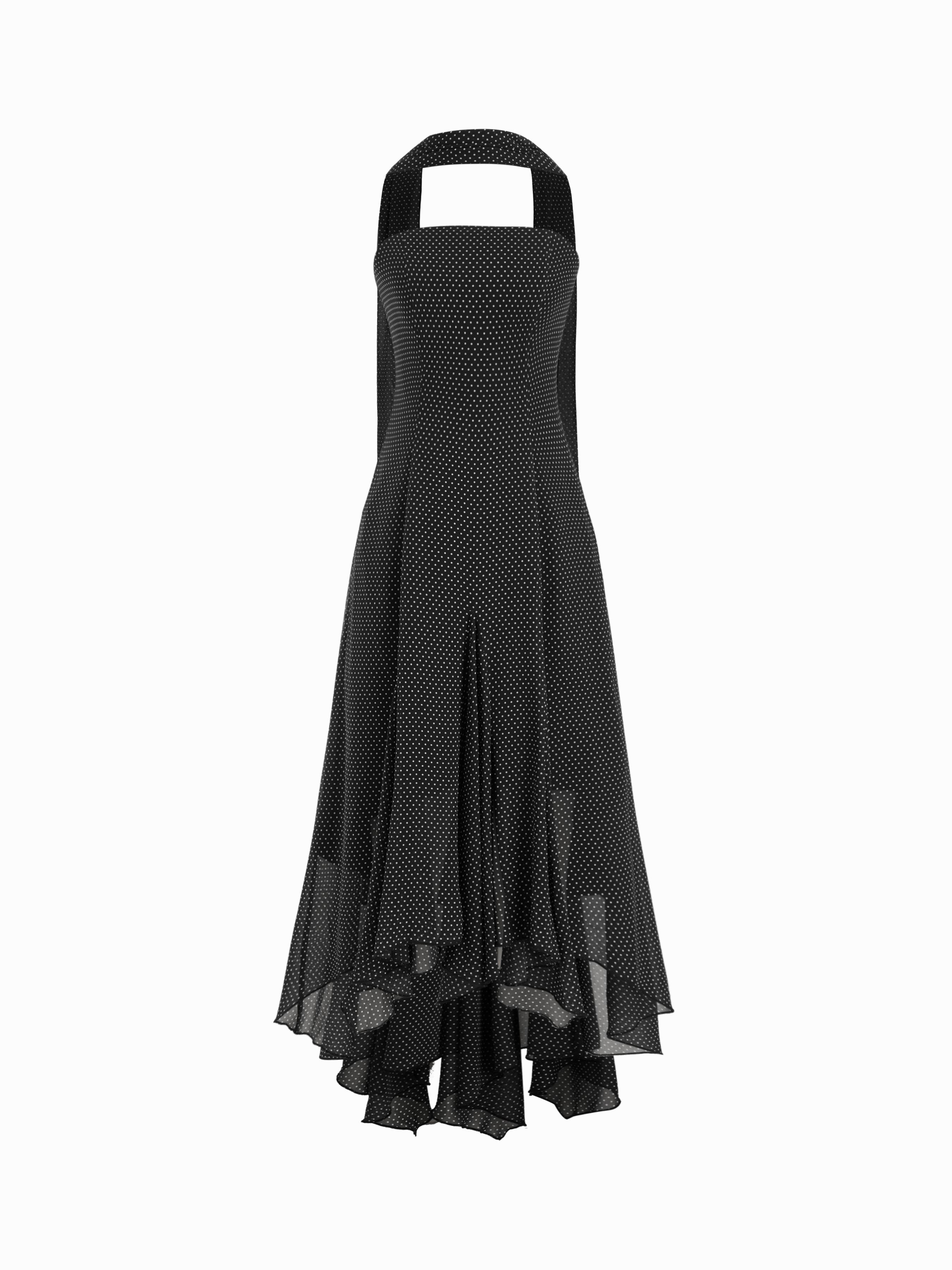 Chiffon Halter Neckline Polka Dot Ruffled Hem Ruched Maxi Dress by CIDER