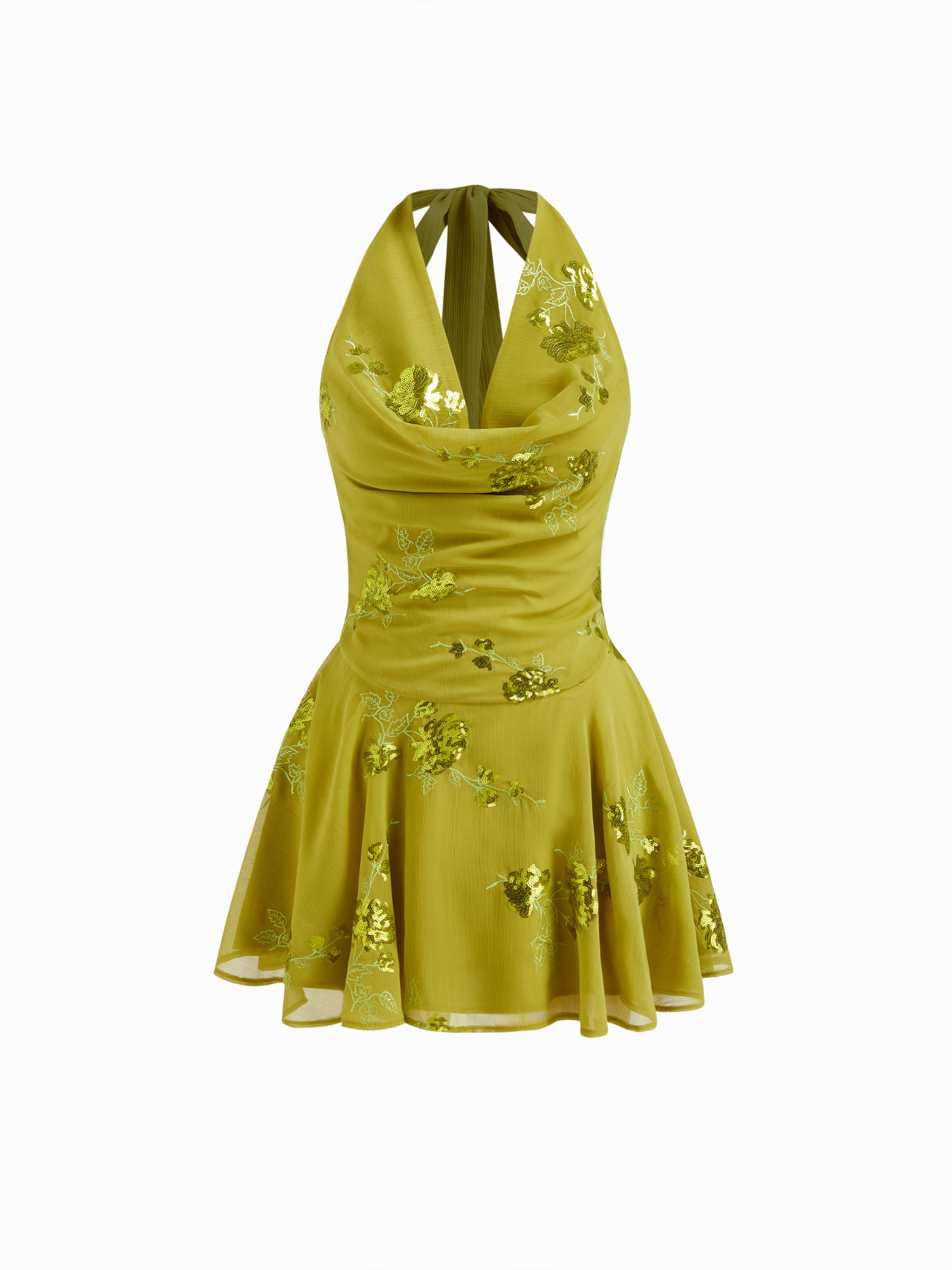 Chiffon Halter Neckline Sequin Floral Mini Dress by CIDER Chiffon Halter Neckline Sequin Floral Mini Dress by CIDER
