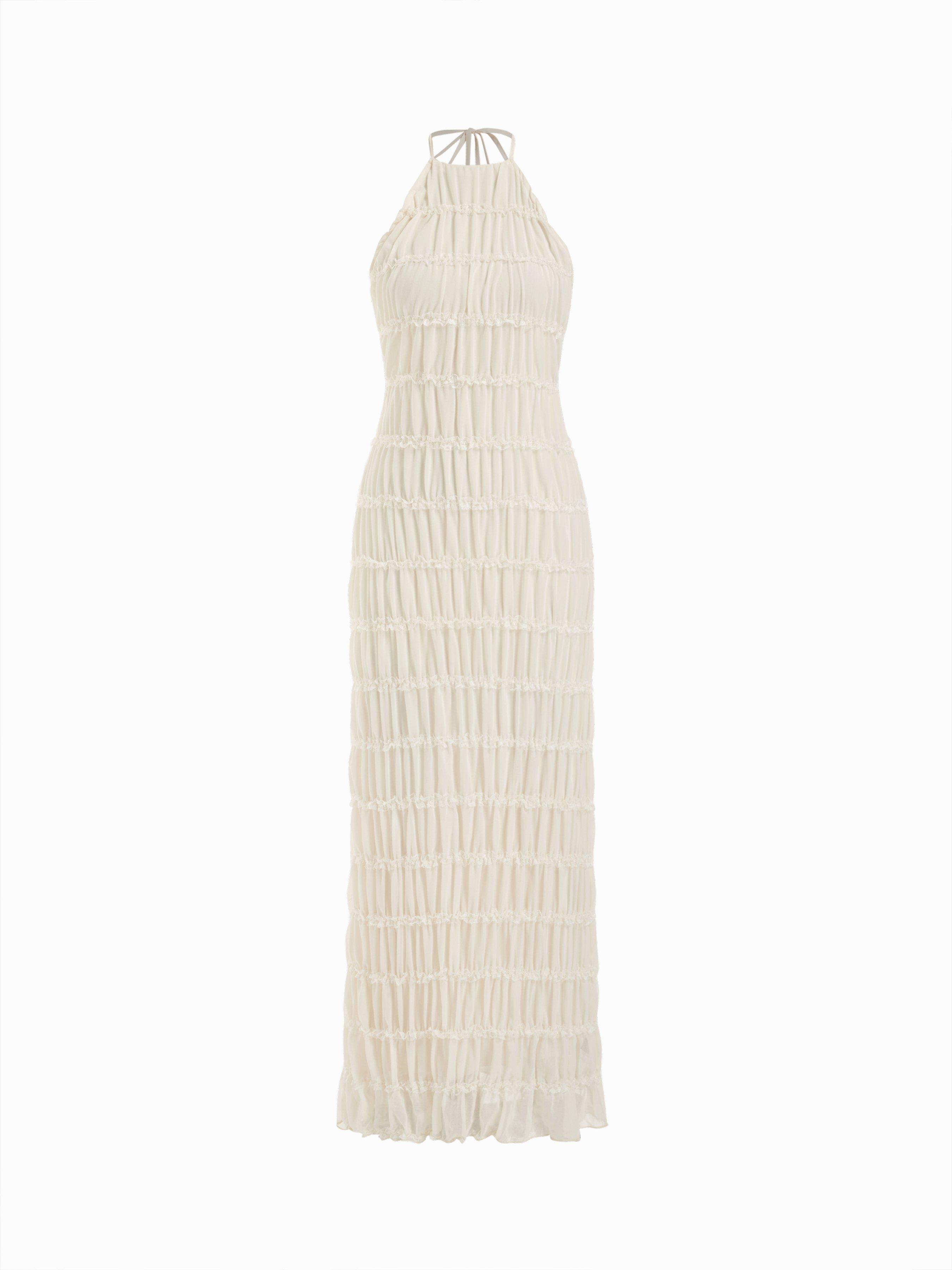Chiffon Halter Neckline Sleeveless Ruched Straight Maxi Dress by CIDER