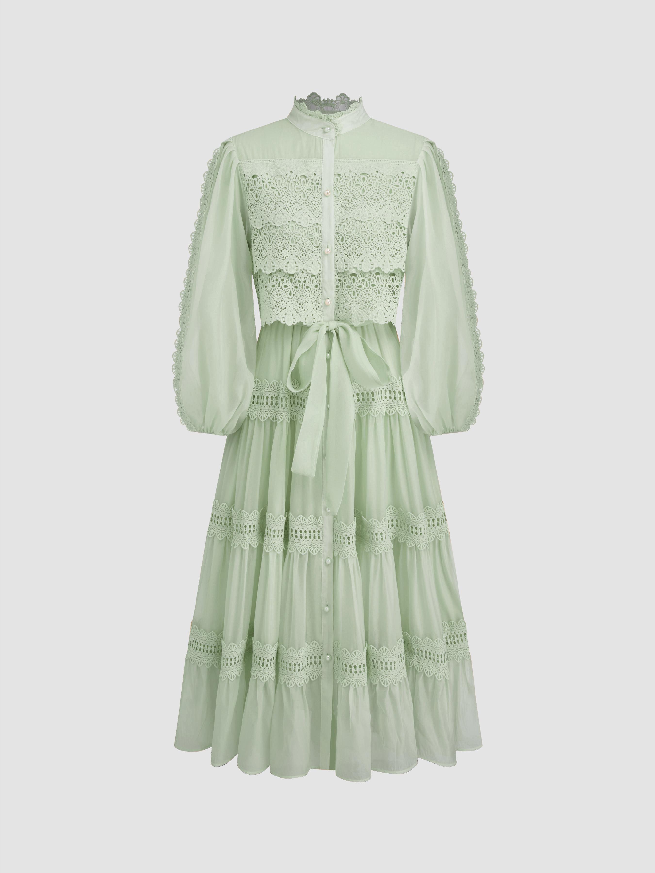 Chiffon High Neck Guipure Pearl Button Maxi Dress by CIDER