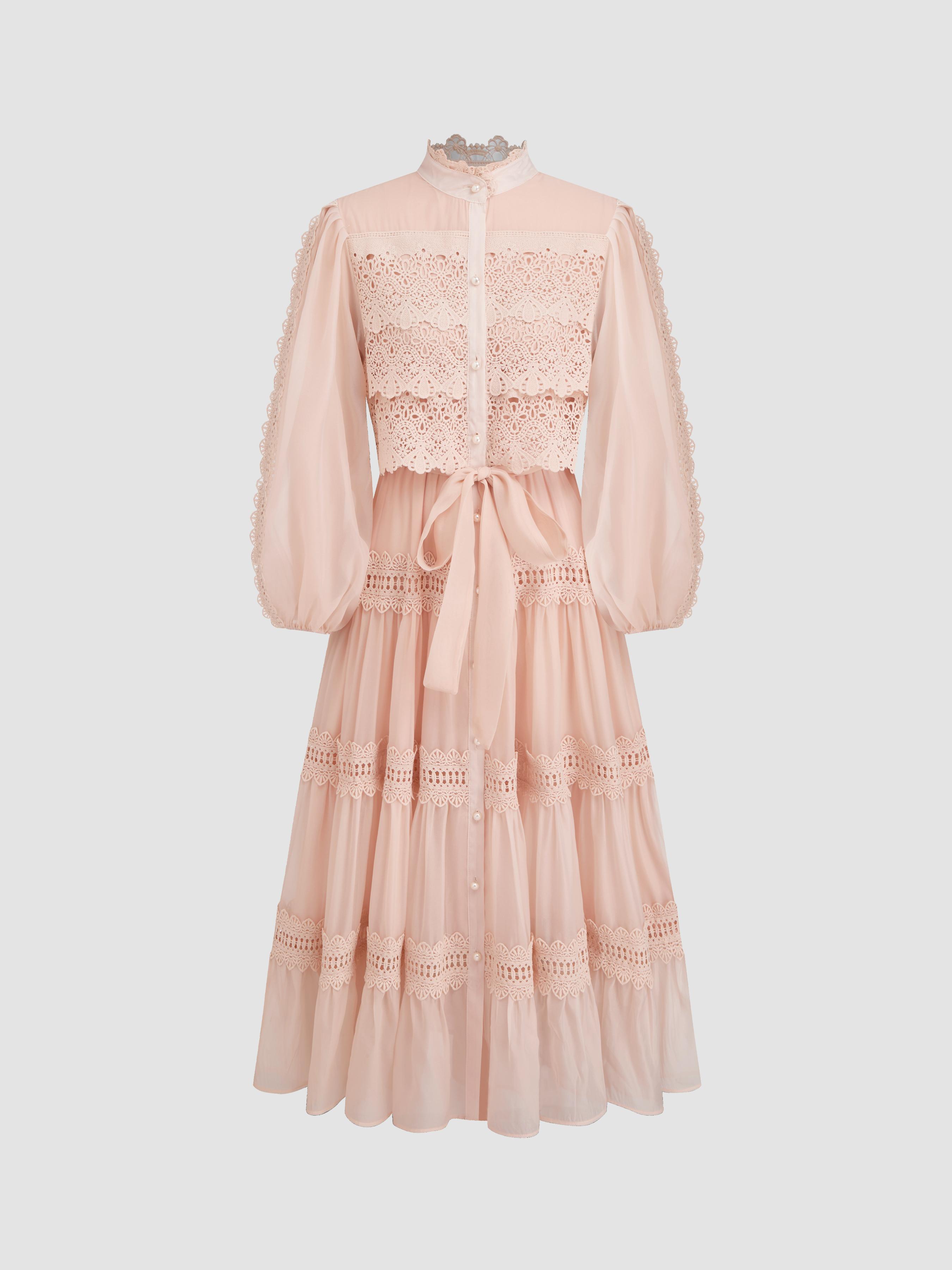Chiffon High Neck Guipure Pearl Button Maxi Dress by CIDER