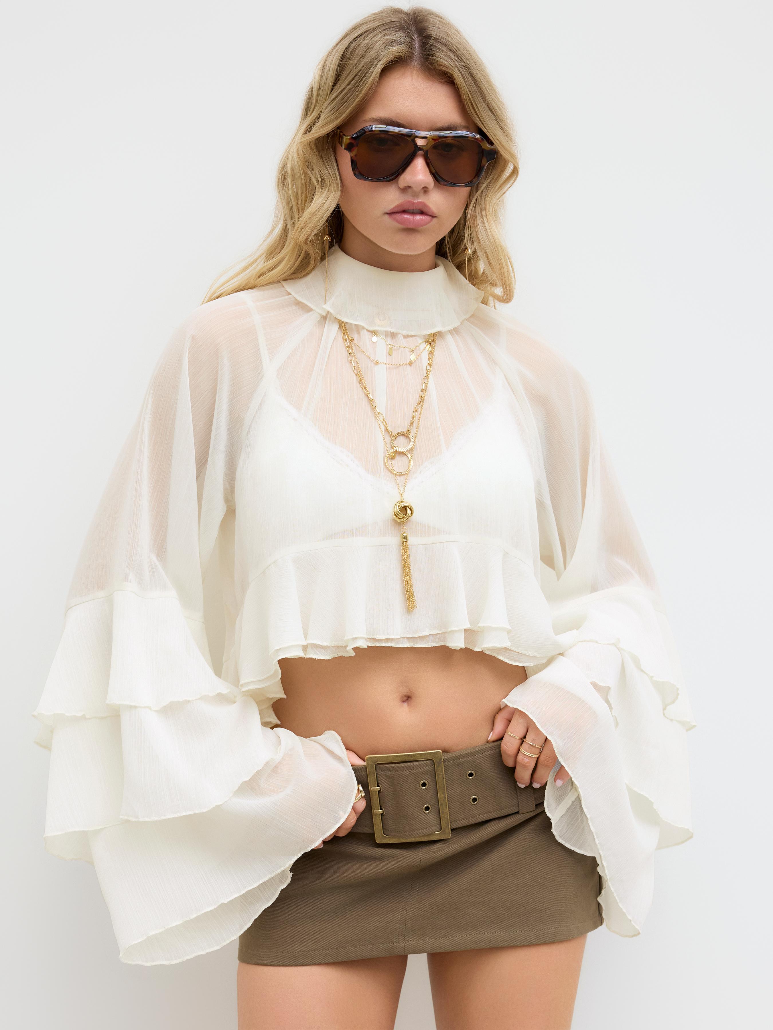 Chiffon High Neck Ruffle Dolman sleeve See-Through Crop Blouse by CIDER