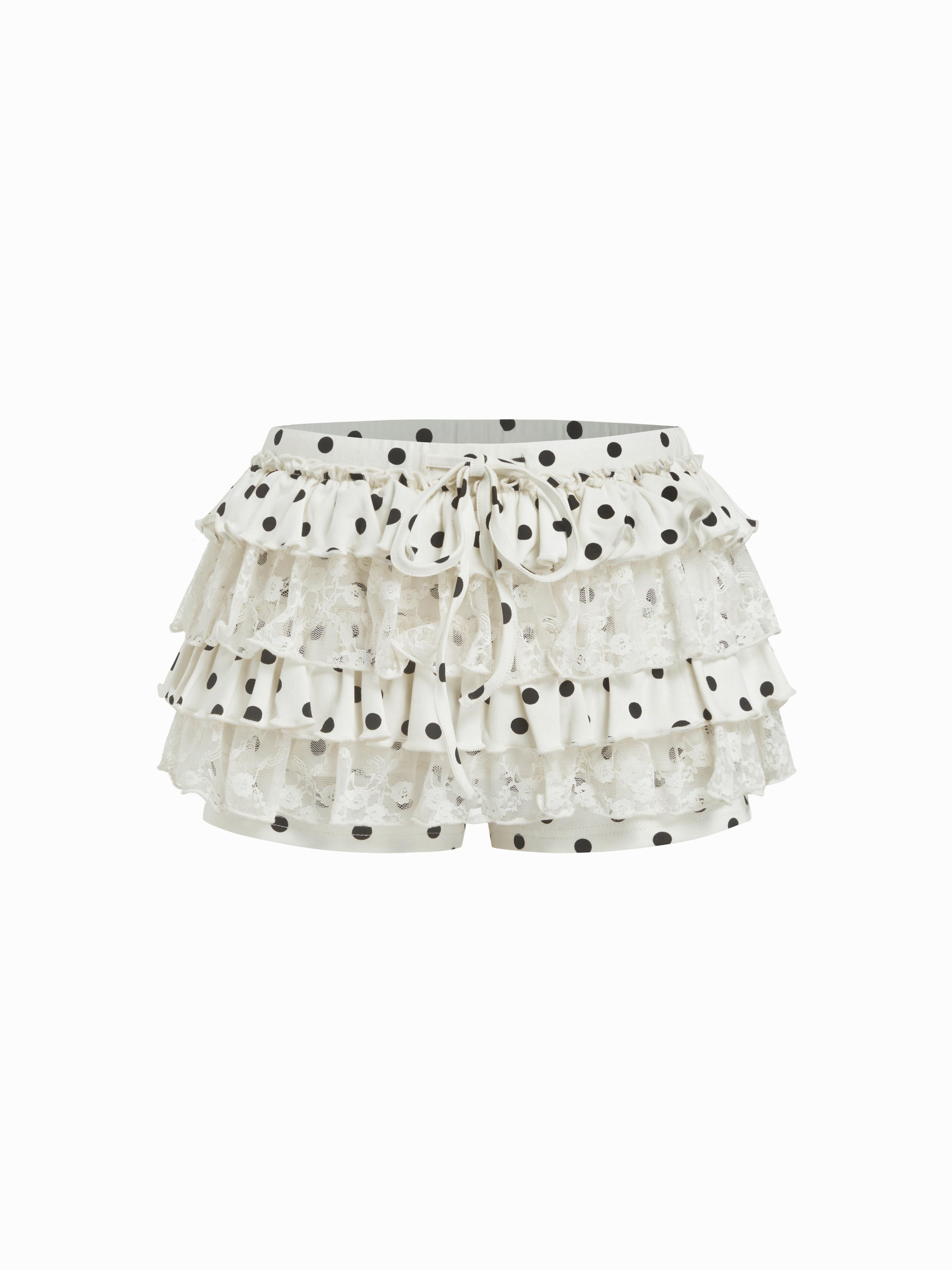 Chiffon High Rise Polka Dot Tiered Lace Panel Mini Skort by CIDER