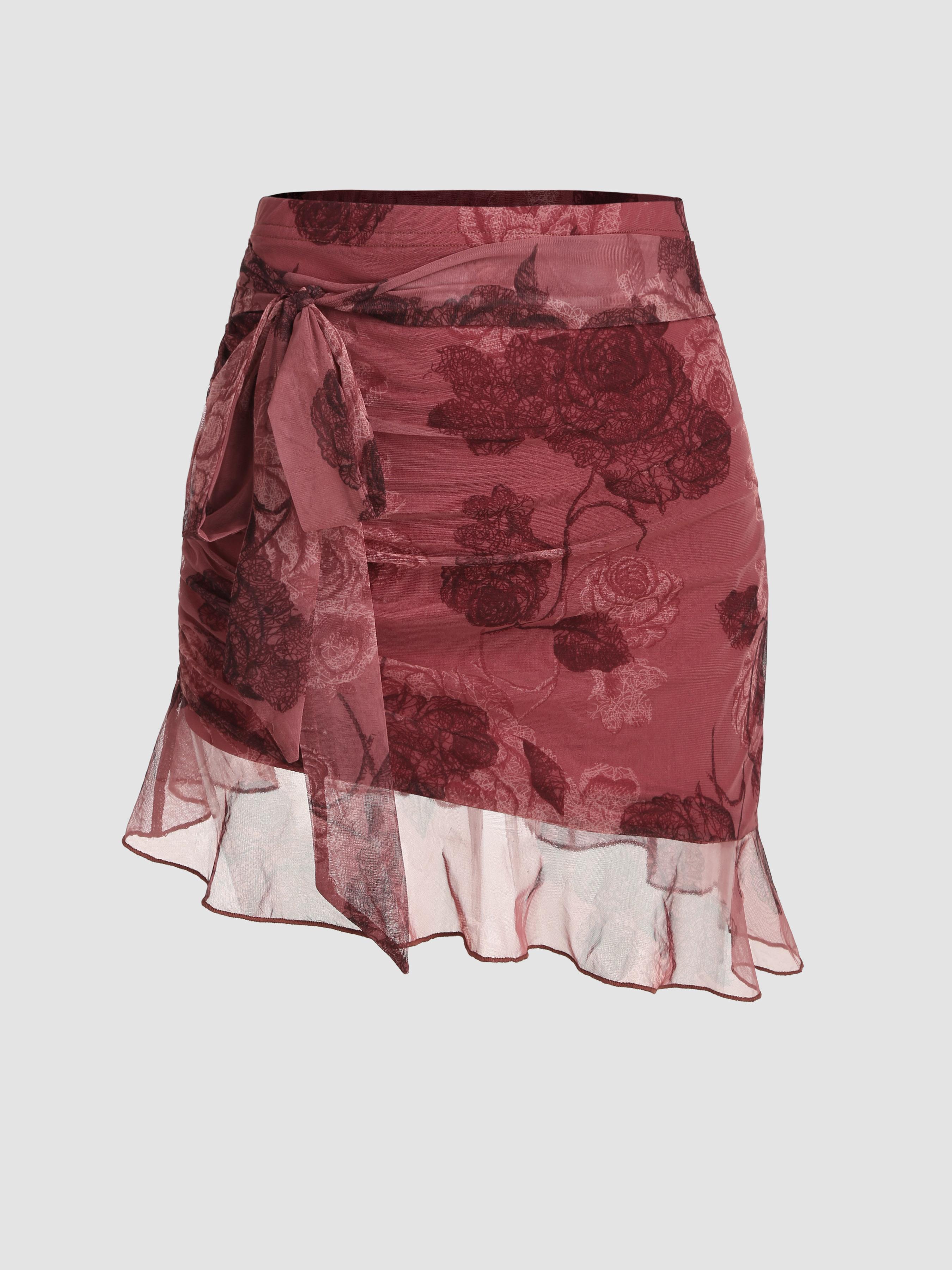 Chiffon High Waist Floral Knotted Mini Skirt by CIDER