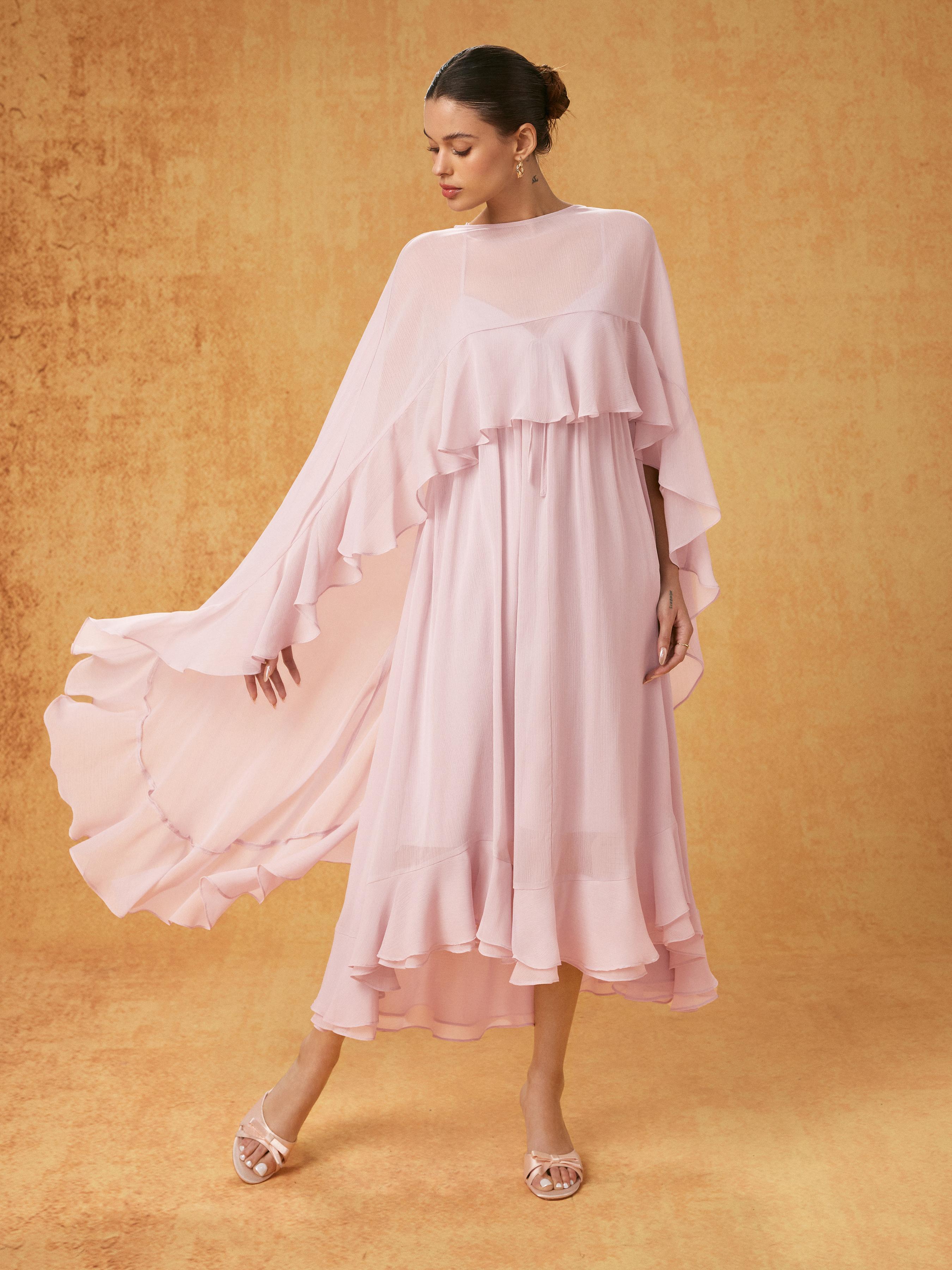 Chiffon Knotted Ruffled Flared Maxi Cami Dress & Overlay Set by CIDER