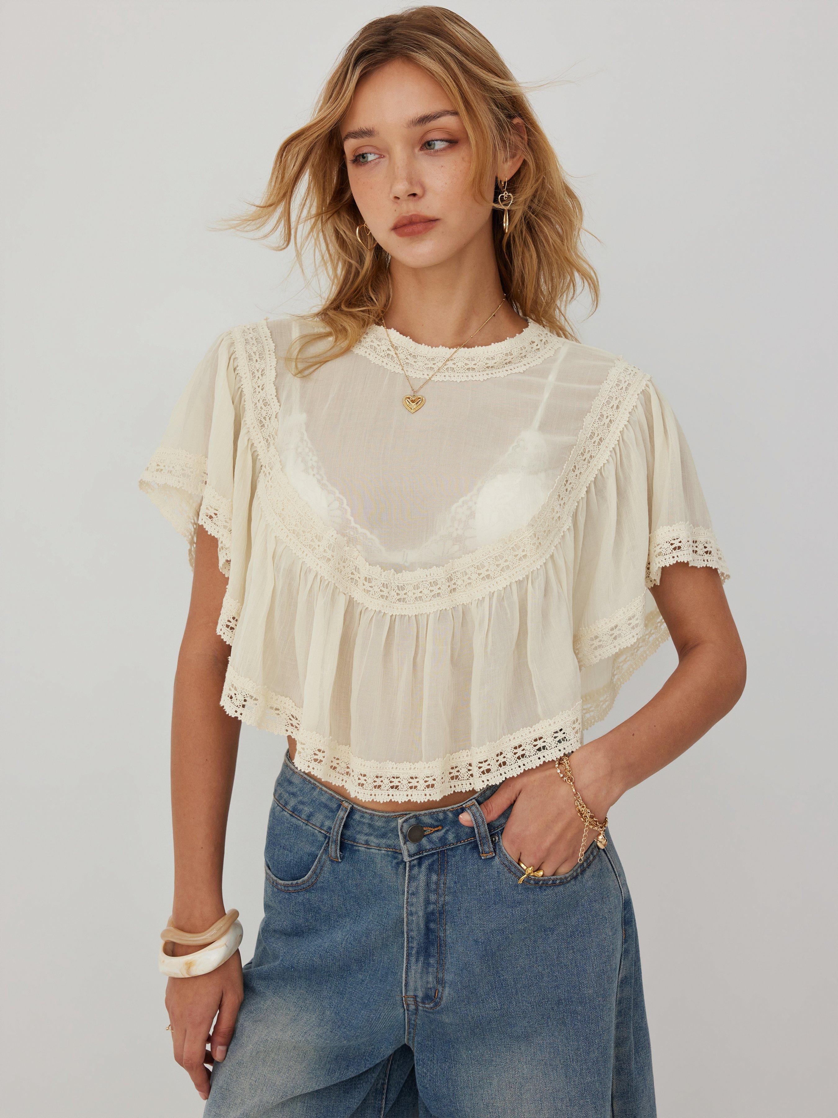 Chiffon Lace Panel Ruffle Sleeve Oversized Blouse by CIDER