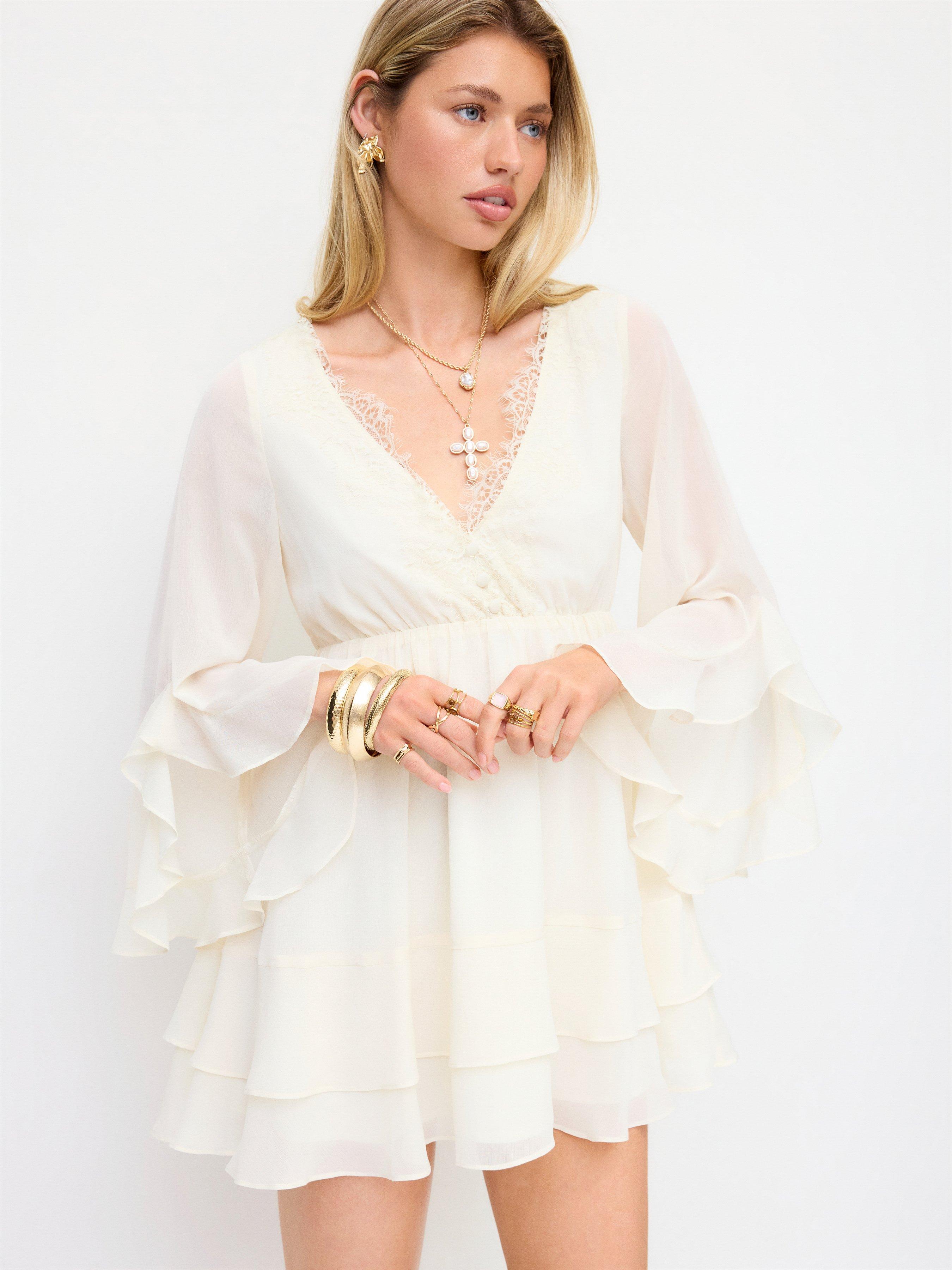 Chiffon Lace Trim V-neck Ruffled A-line Mini Dress by CIDER