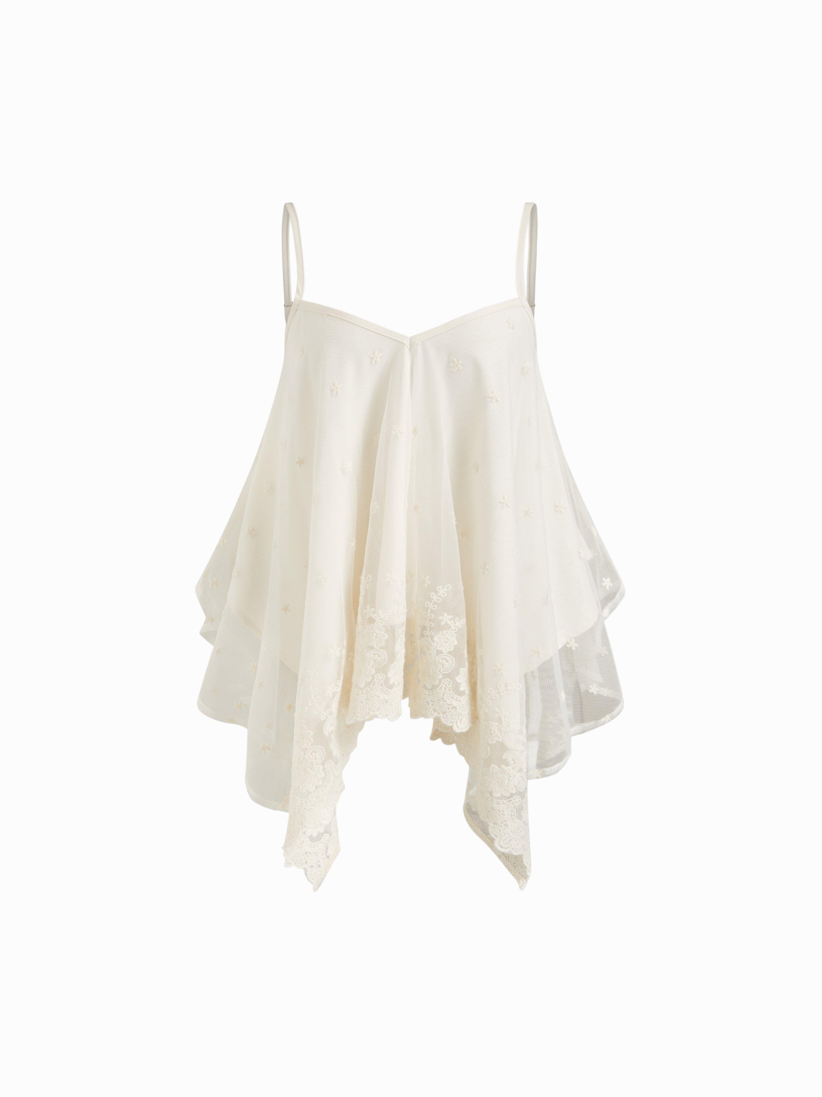Chiffon Lace V-neck Lace Panel Hanky Hem Cami Blouse by CIDER