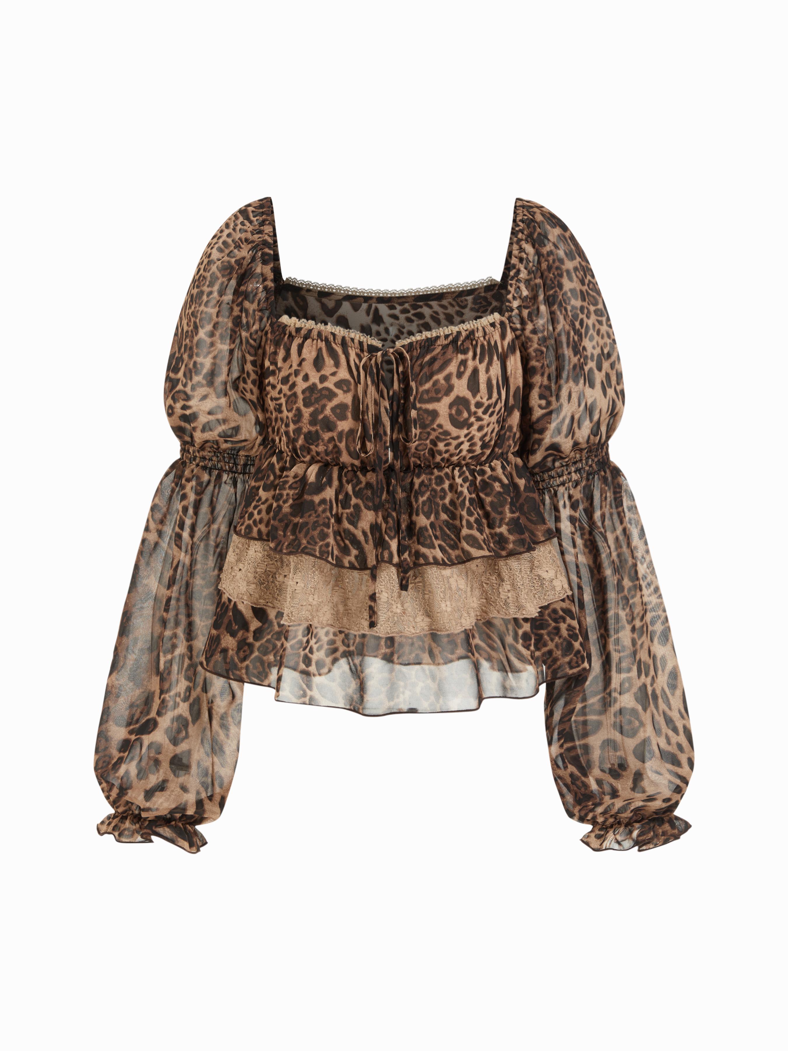 Chiffon Leopard Print Square Neck Long Sleeve Knotted Ruffle Layered Peplum Blouse by CIDER