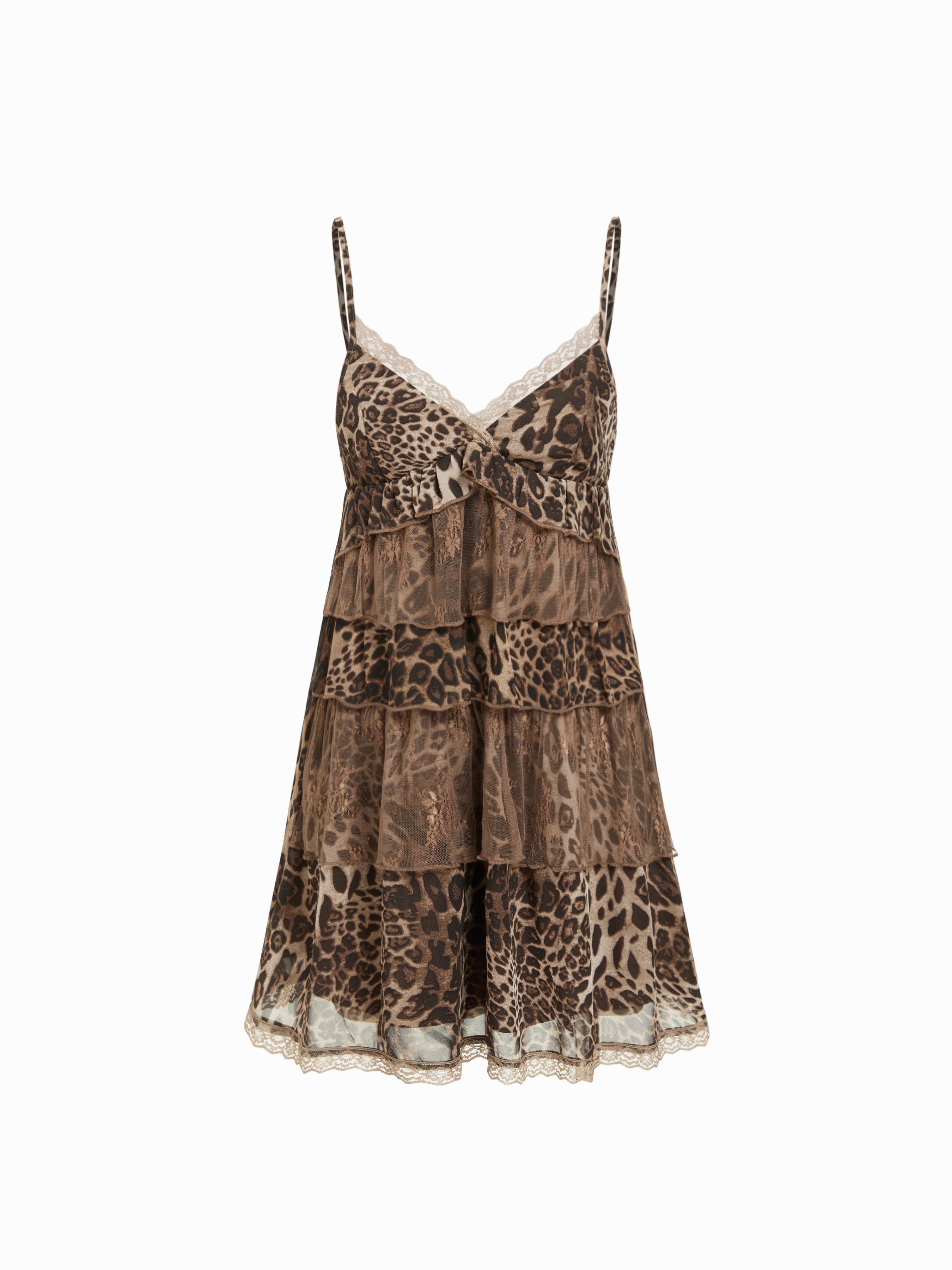 Chiffon Leopard Print Sweetheart Ruffled Tiered Mini Dress by CIDER