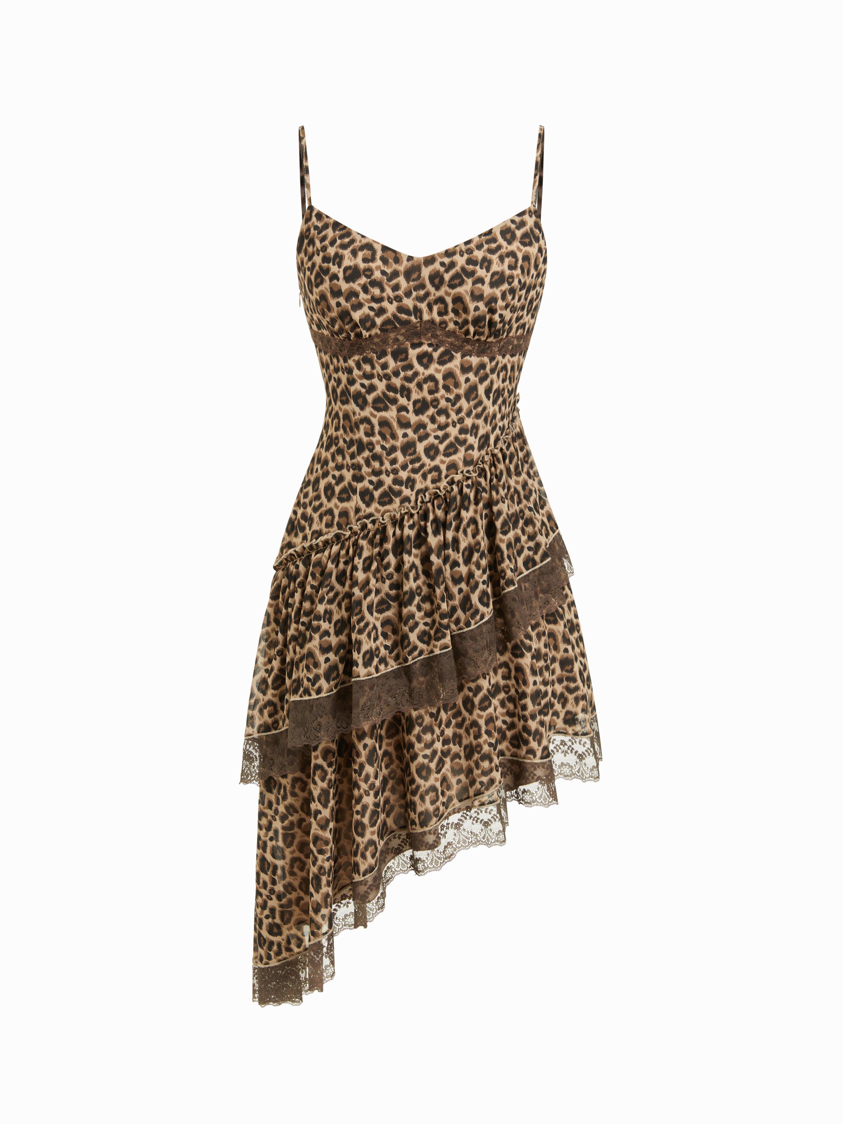 Chiffon Leopard Print V-neck Lace Trim Cami Midi Dress by CIDER