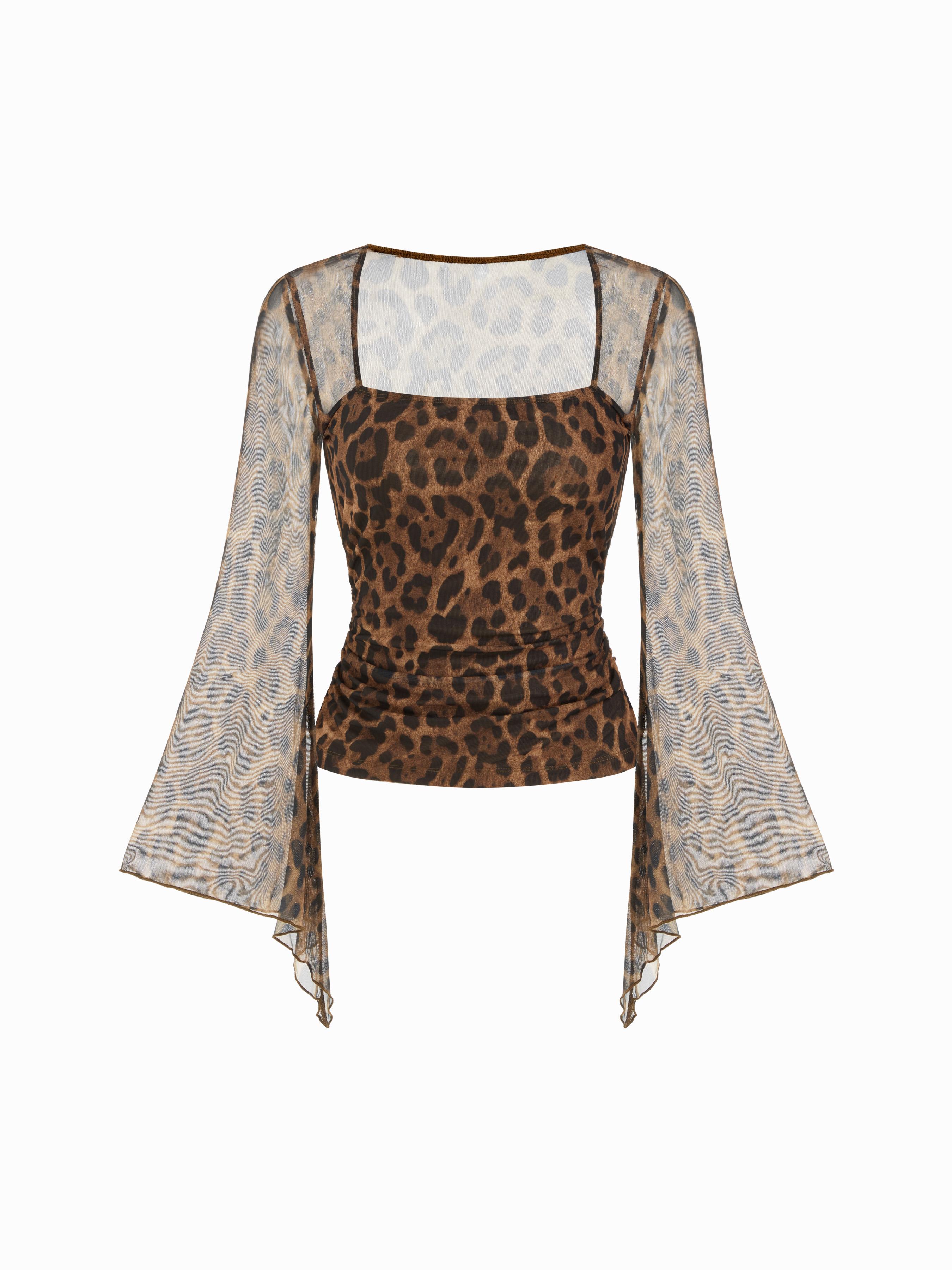 Chiffon Leopard Square Neck Bell Sleeve Top by CIDER