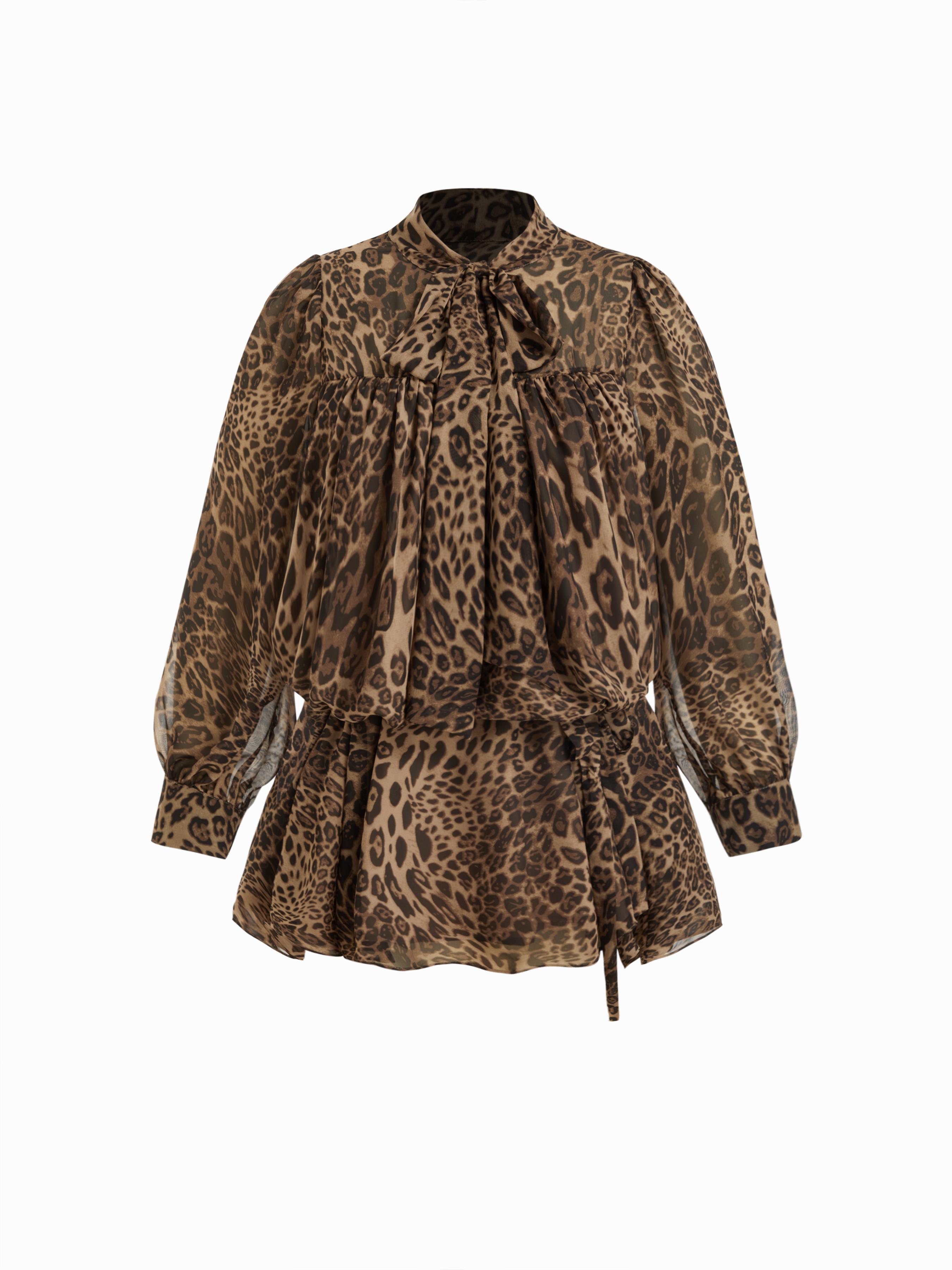 Chiffon Leopard Stand Collar Ruffled A-line Mini Dress Curve & Plus by CIDER