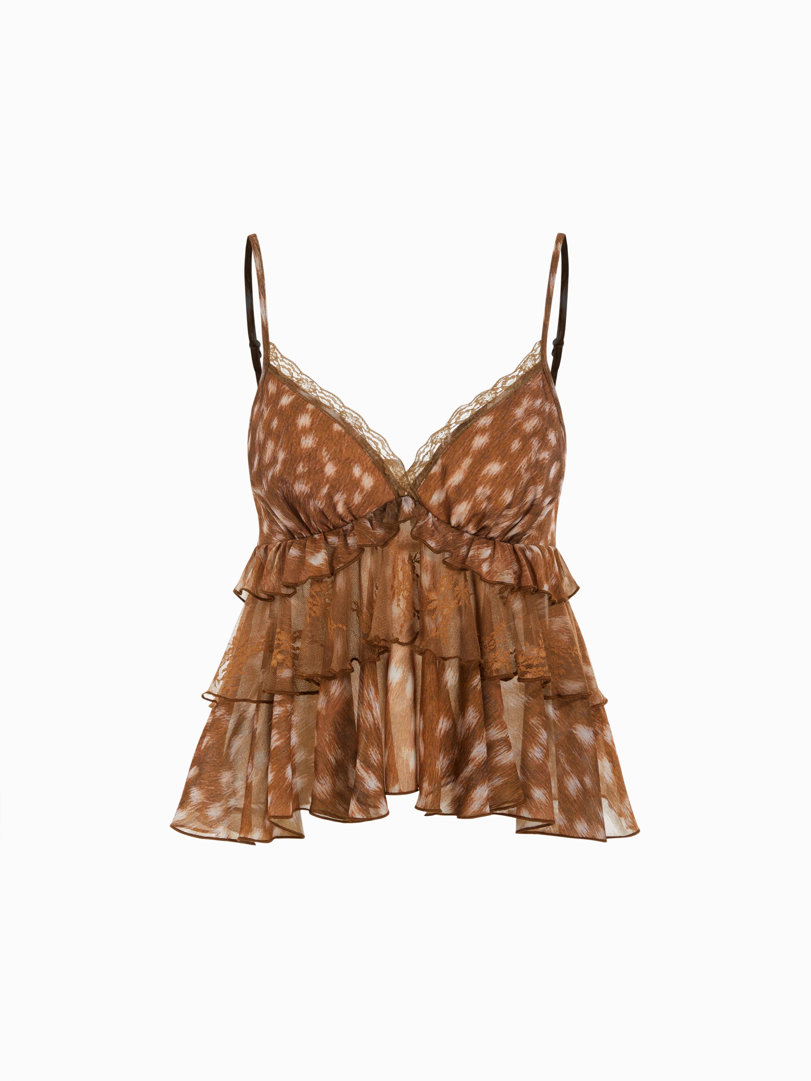 Chiffon Leopard V-neck Lace Trim Cami Top by CIDER