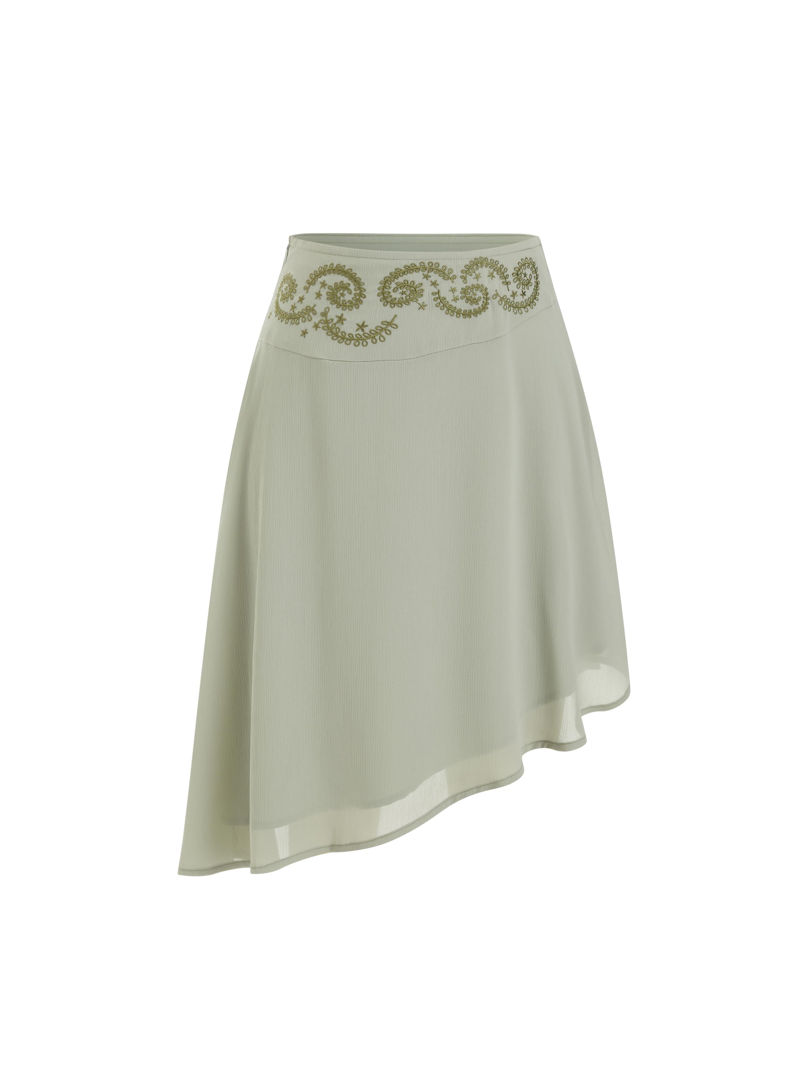 Chiffon Low Rise Floral Embroidery Asymmetrical Midi Skirt by CIDER