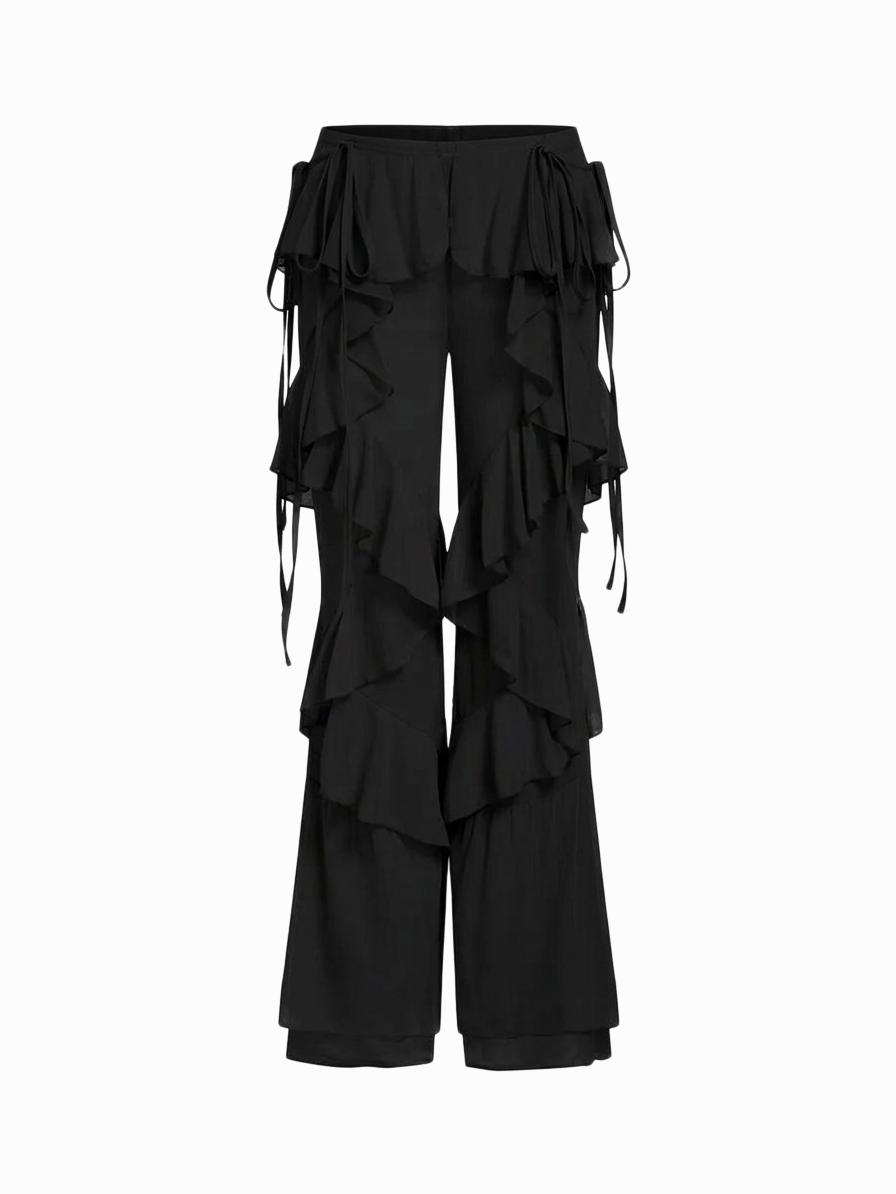Chiffon Low Rise Knotted Ruffled Flared Trousers by CIDER