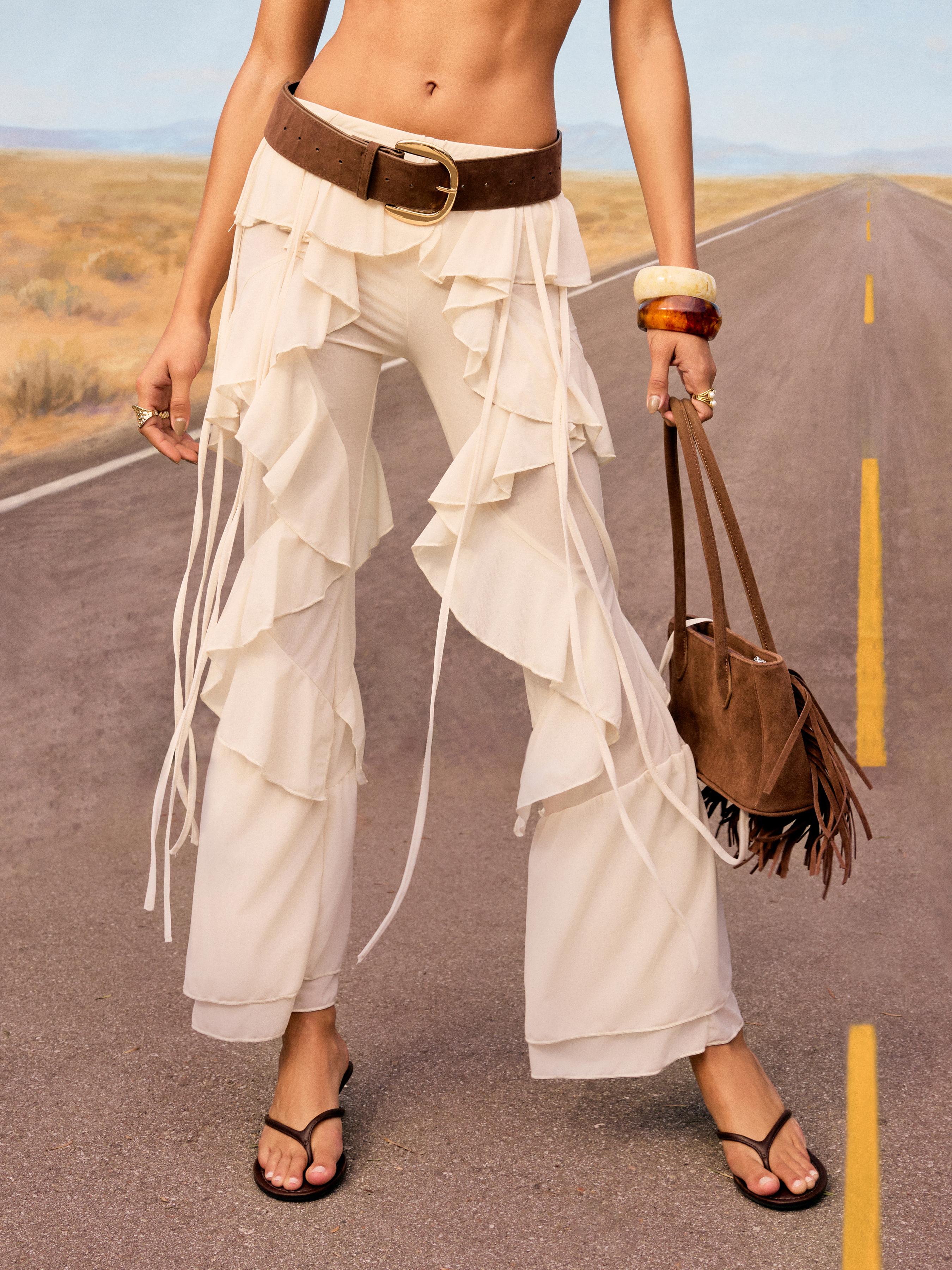 Chiffon Low Rise Knotted Ruffled Flared Trousers by CIDER