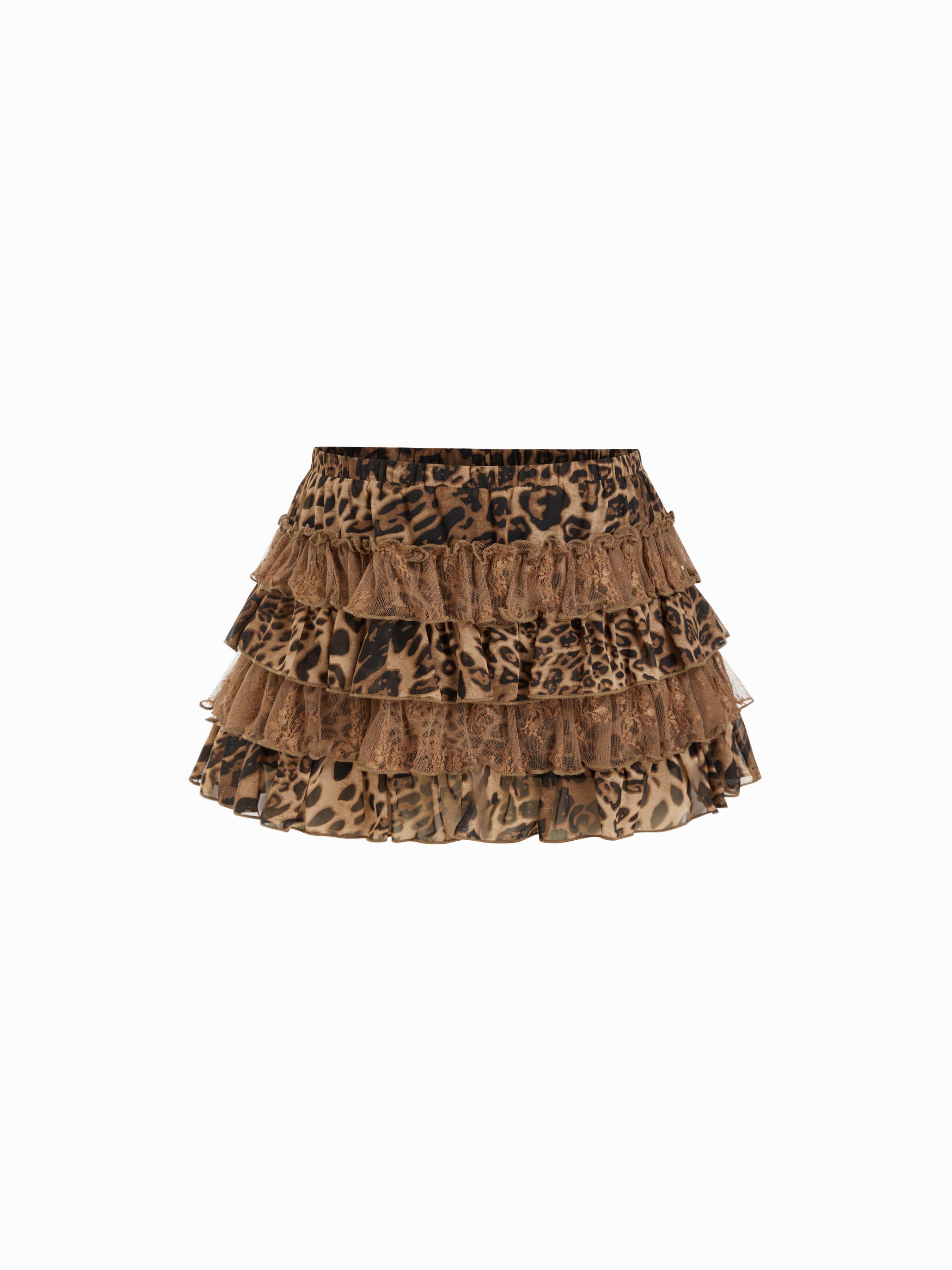 Chiffon Low Rise Leopard Ruffle Layered Mini Skirt by CIDER