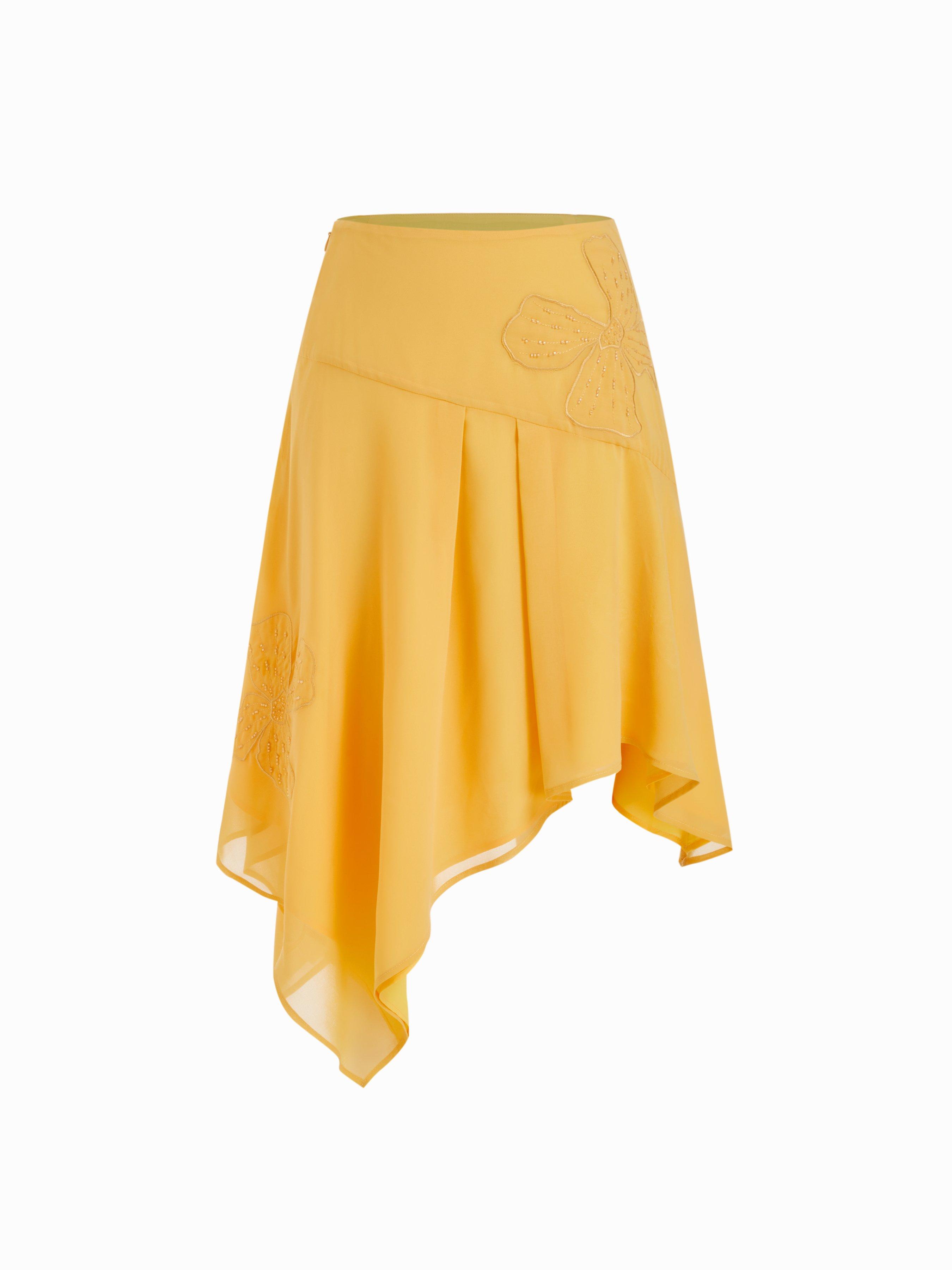 Chiffon Mid Rise Beaded Floral Asymmetrical Flared Midi Skirt by CIDER