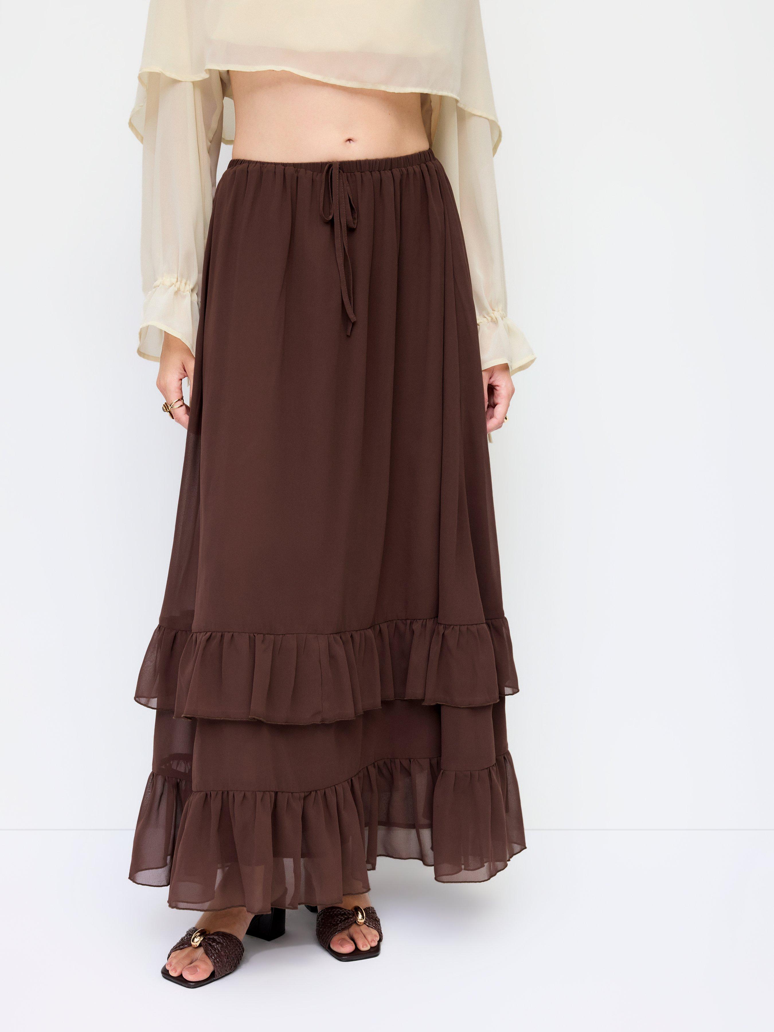 Chiffon Mid Rise Drawstring Ruffled Tiered Maxi Skirt by CIDER