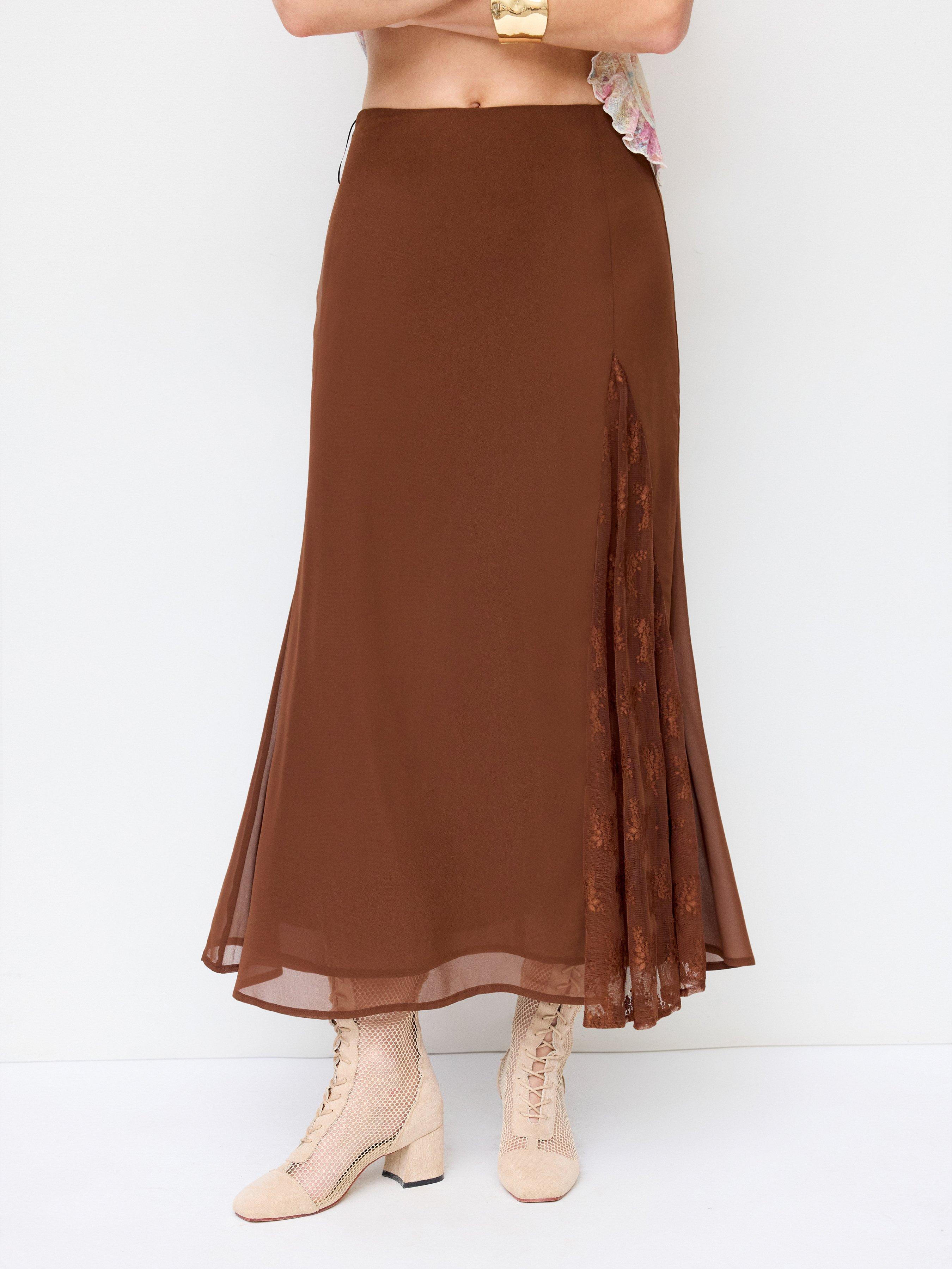 Chiffon Mid Rise Lace Panel Mermaid Maxi Skirt by CIDER
