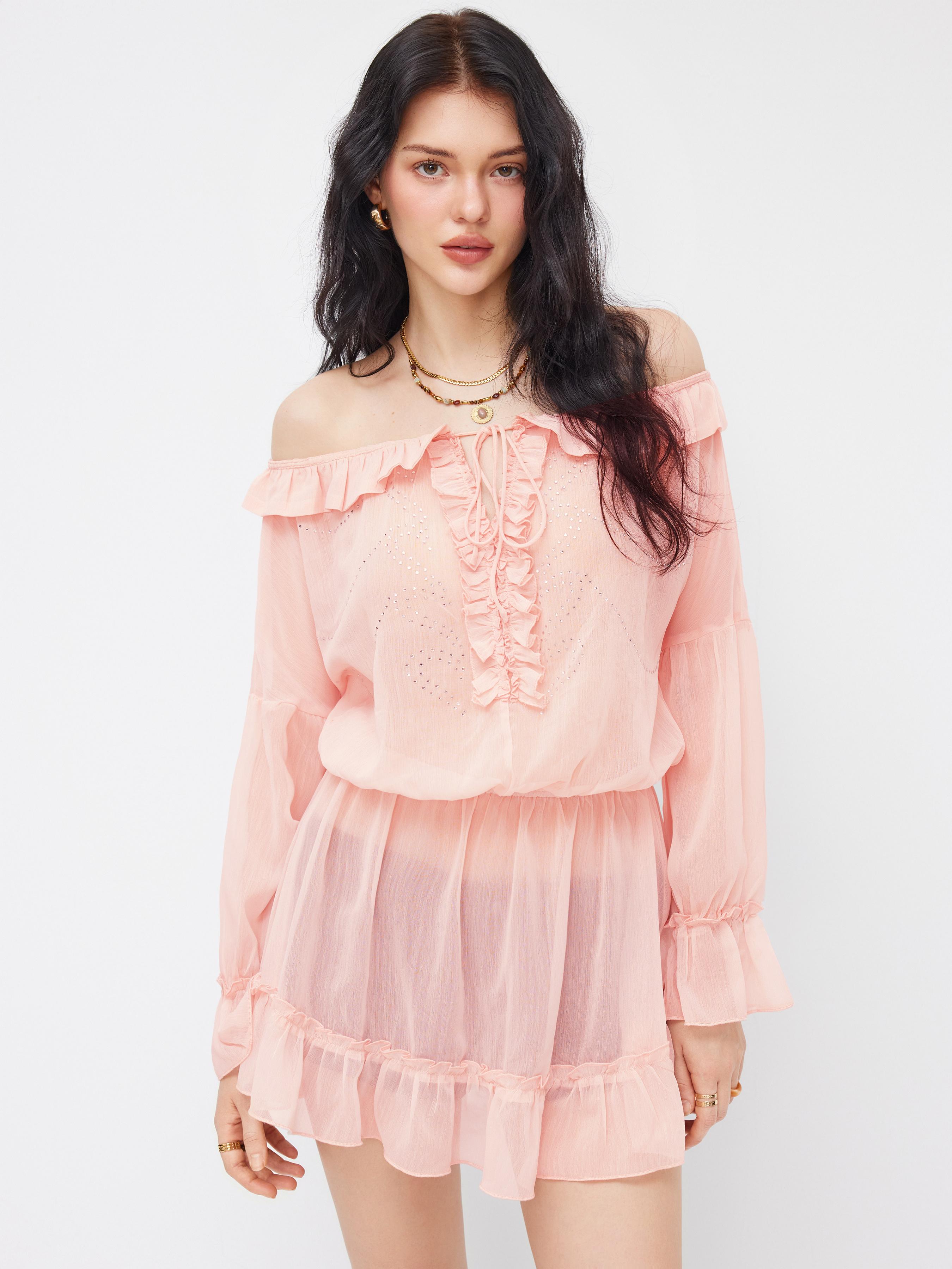 Chiffon Off-shoulder Hollow Out Knotted Lettuce Trim Ruffle Mini Dress by CIDER