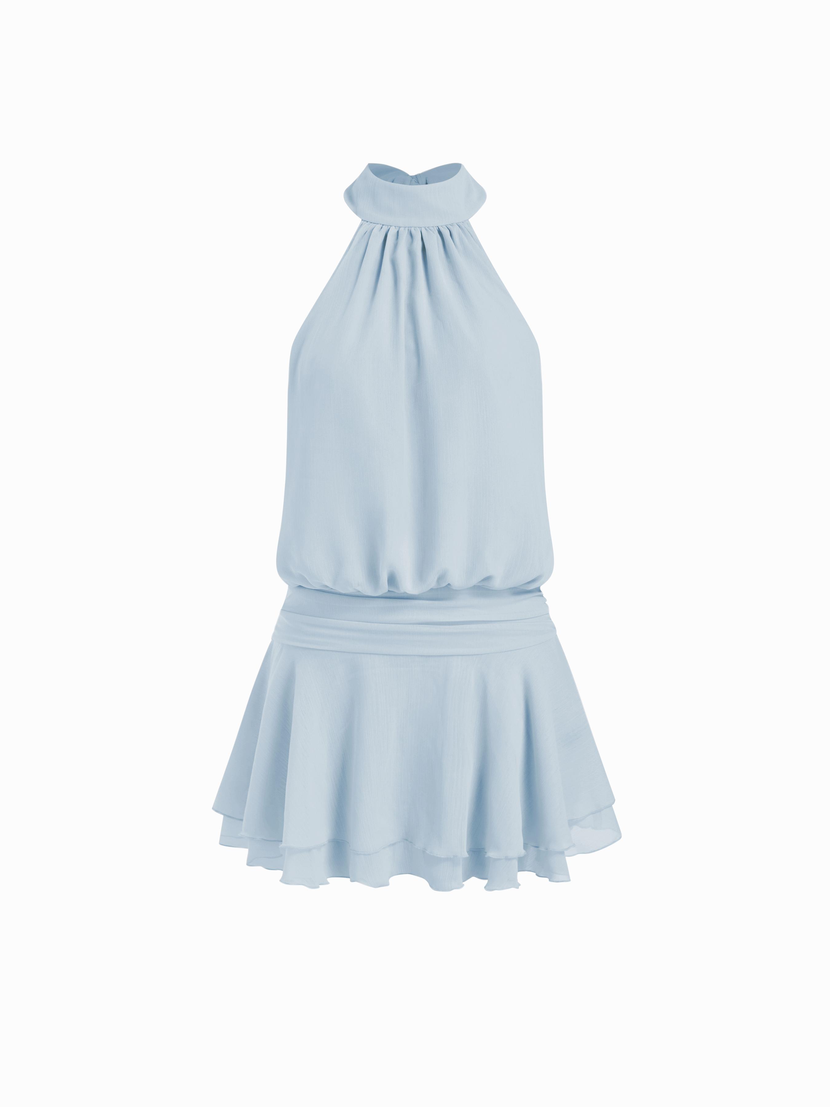 Chiffon Paisley Halter Neckline Shirred Layered Mini Dress by CIDER