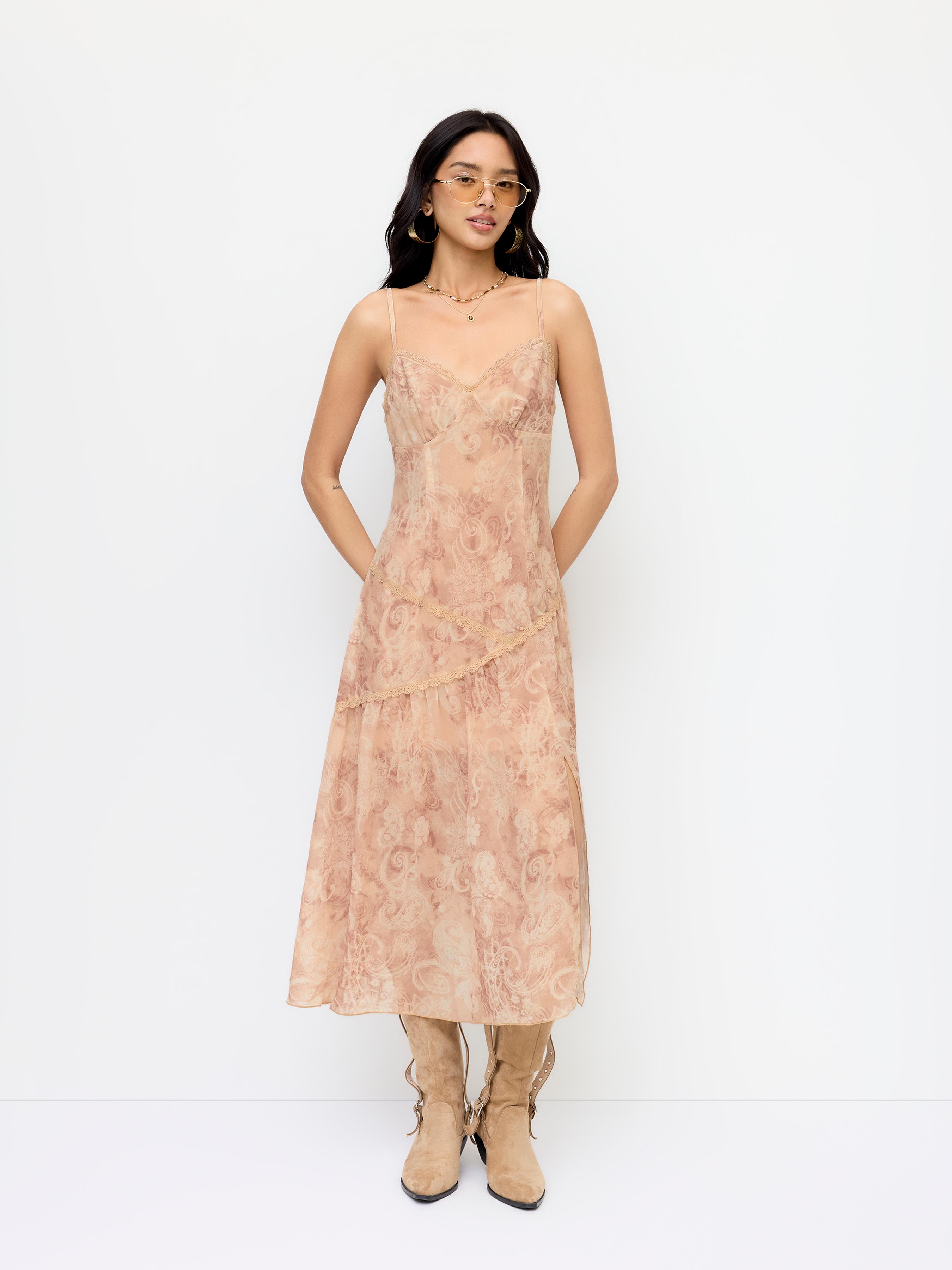Chiffon Paisley Print V-Neck Lace Trim A-line Maxi Dress by CIDER