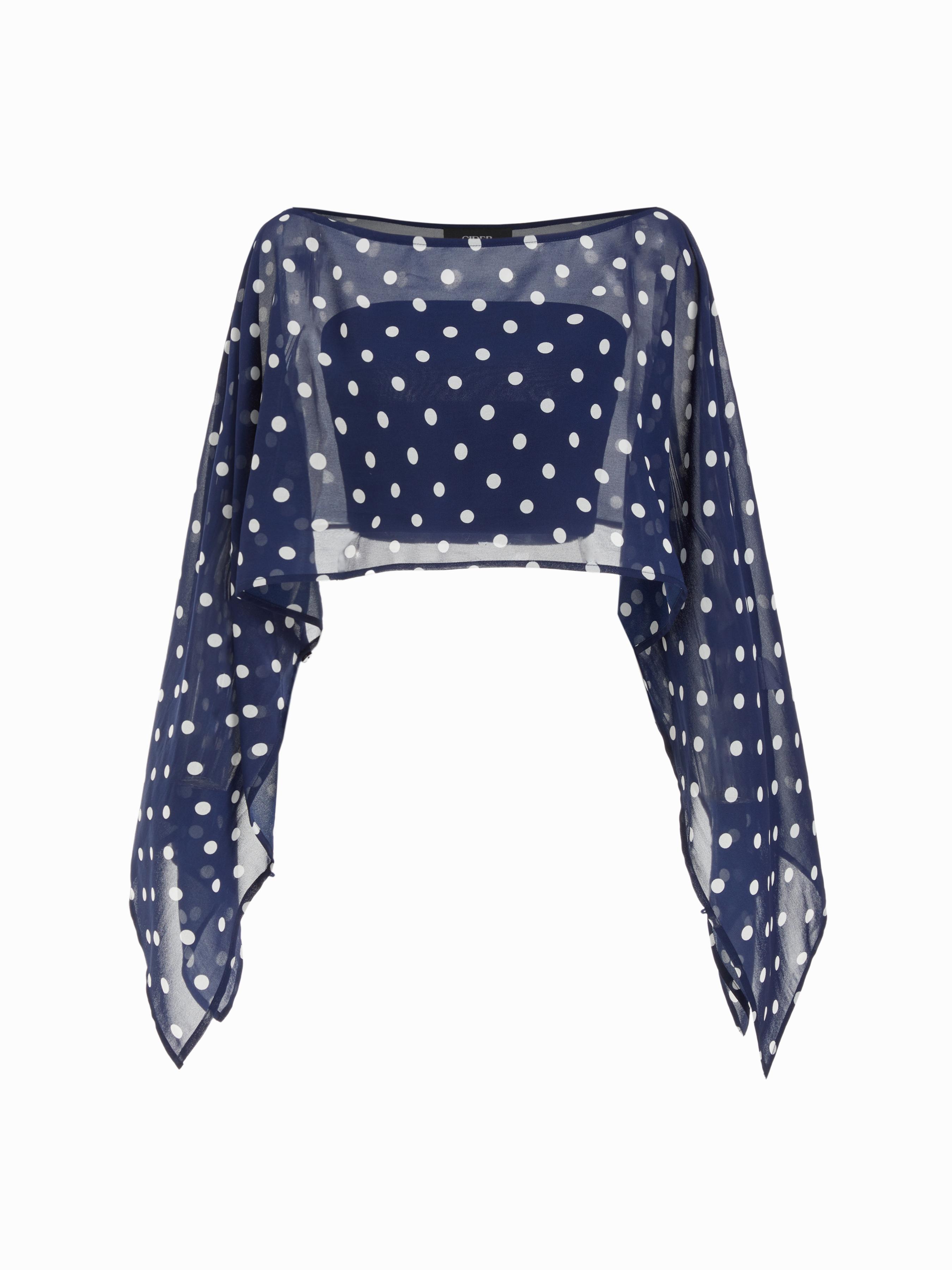 Chiffon Polka Dot Boat Neck Cloak Sleeve Oversized Poncho Blouse & Bandeau by CIDER