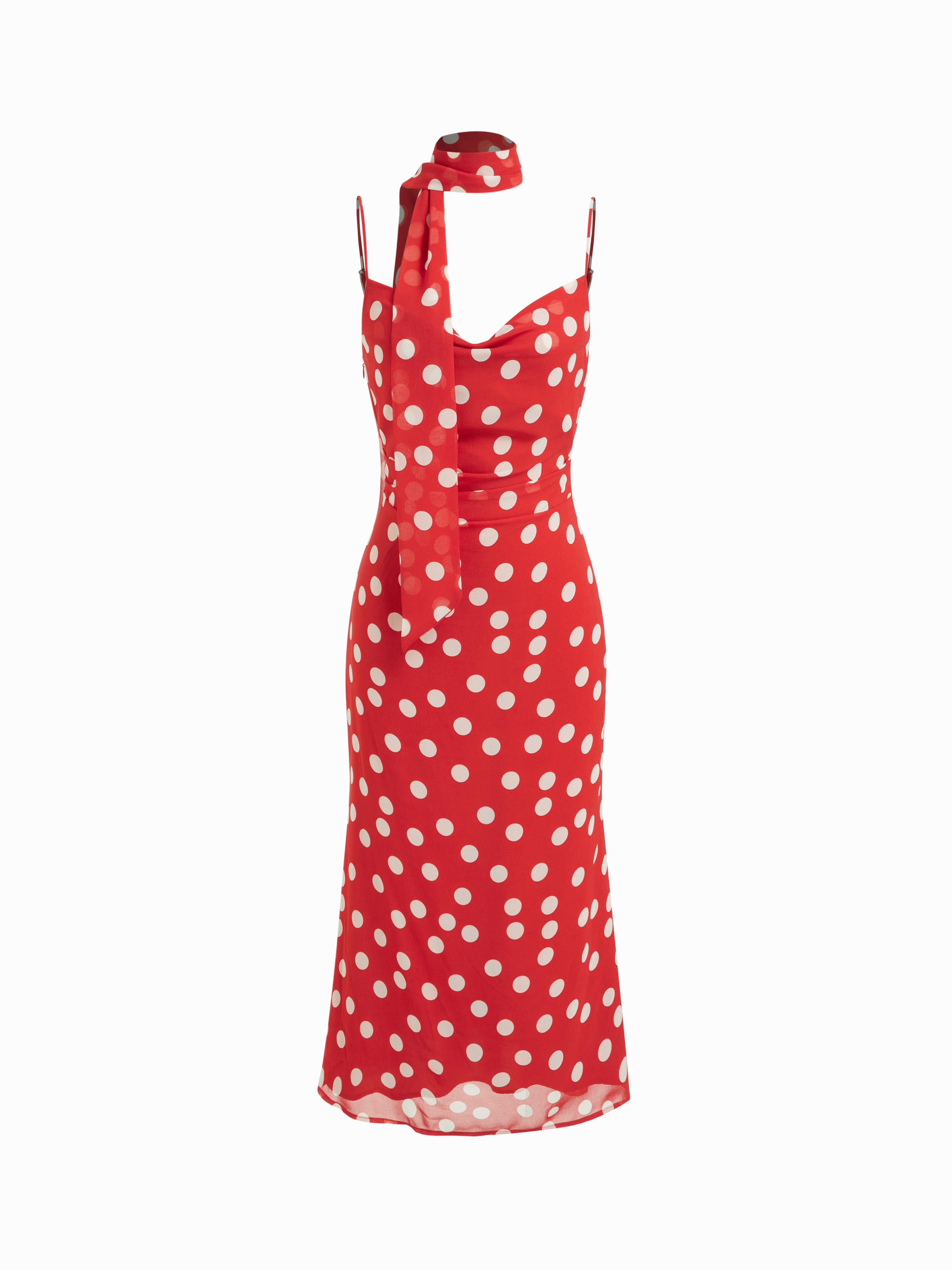 Chiffon Polka Dot Cowl Neck Midi Dress With Scarf by CIDER