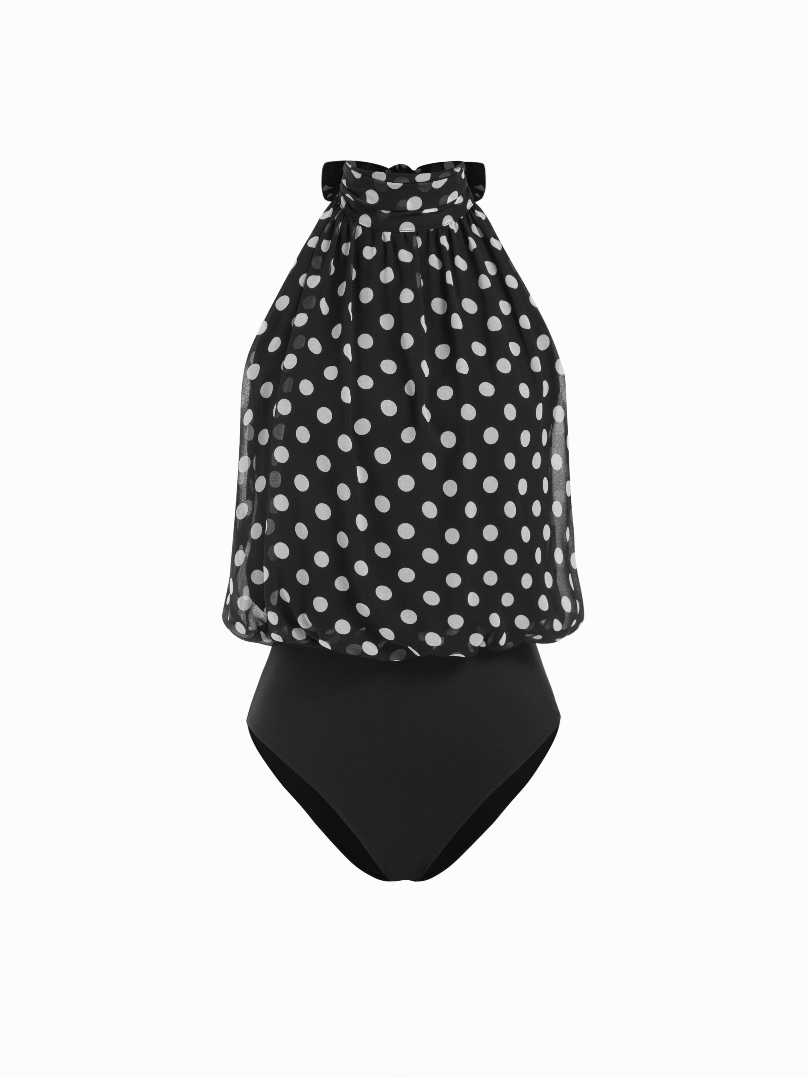 Chiffon Polka Dot Halter Neckline Ruched Shirt Bodysuit by CIDER
