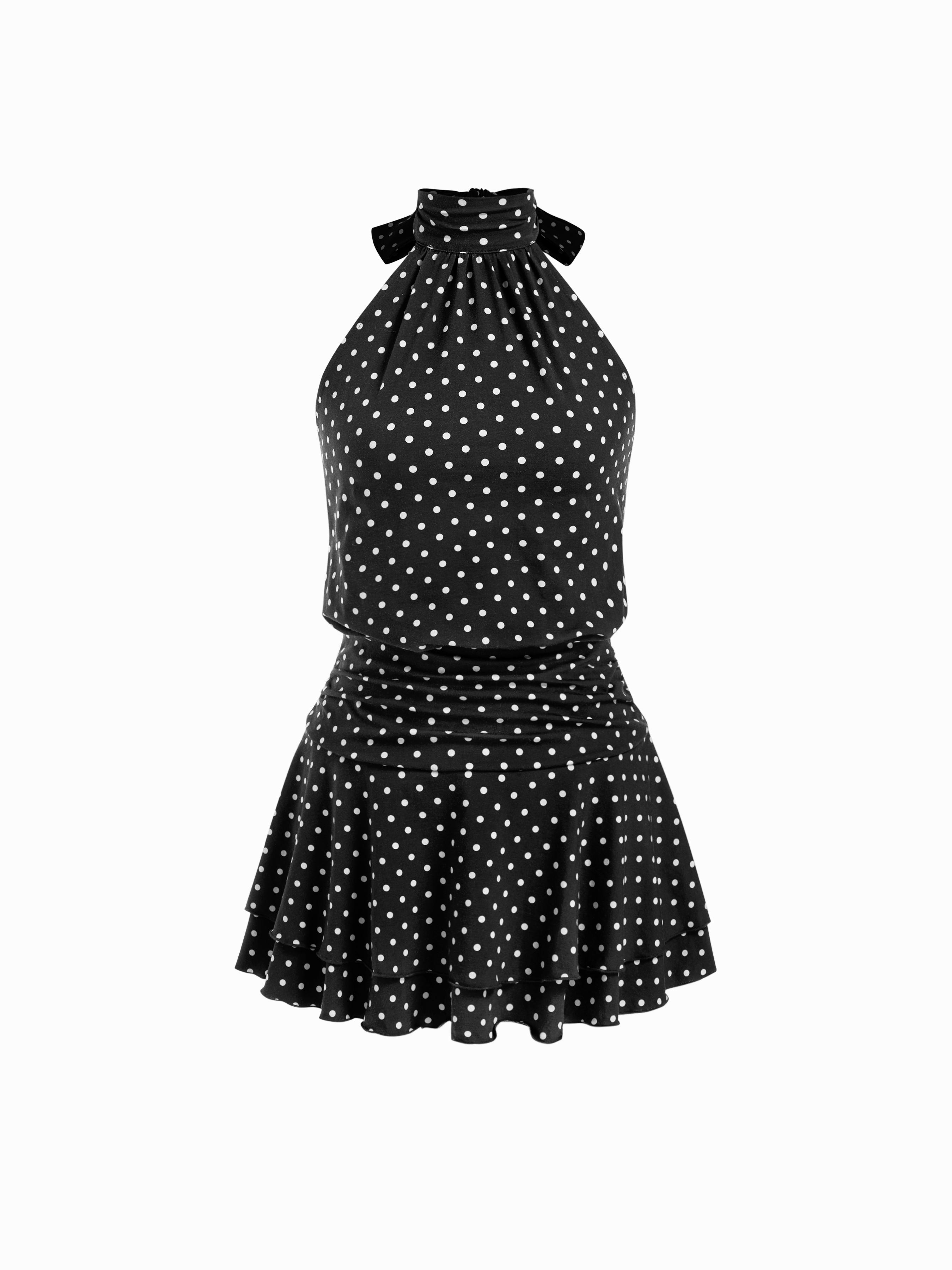 Chiffon Polka Dot Halter Neckline Ruffled Tie Back Mini Dress by CIDER
