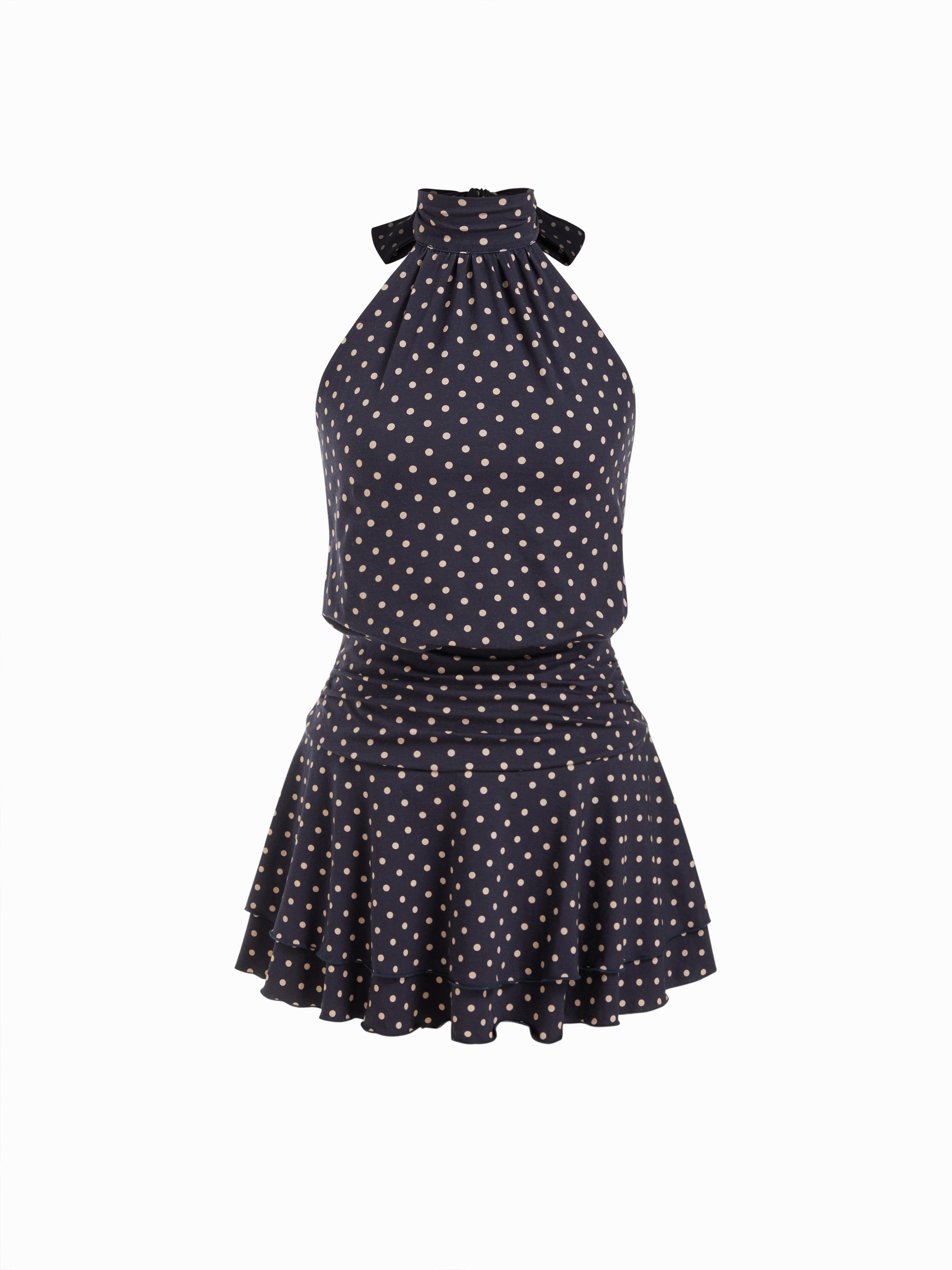 Chiffon Polka Dot Halter Neckline Ruffled Tie Back Mini Dress by CIDER