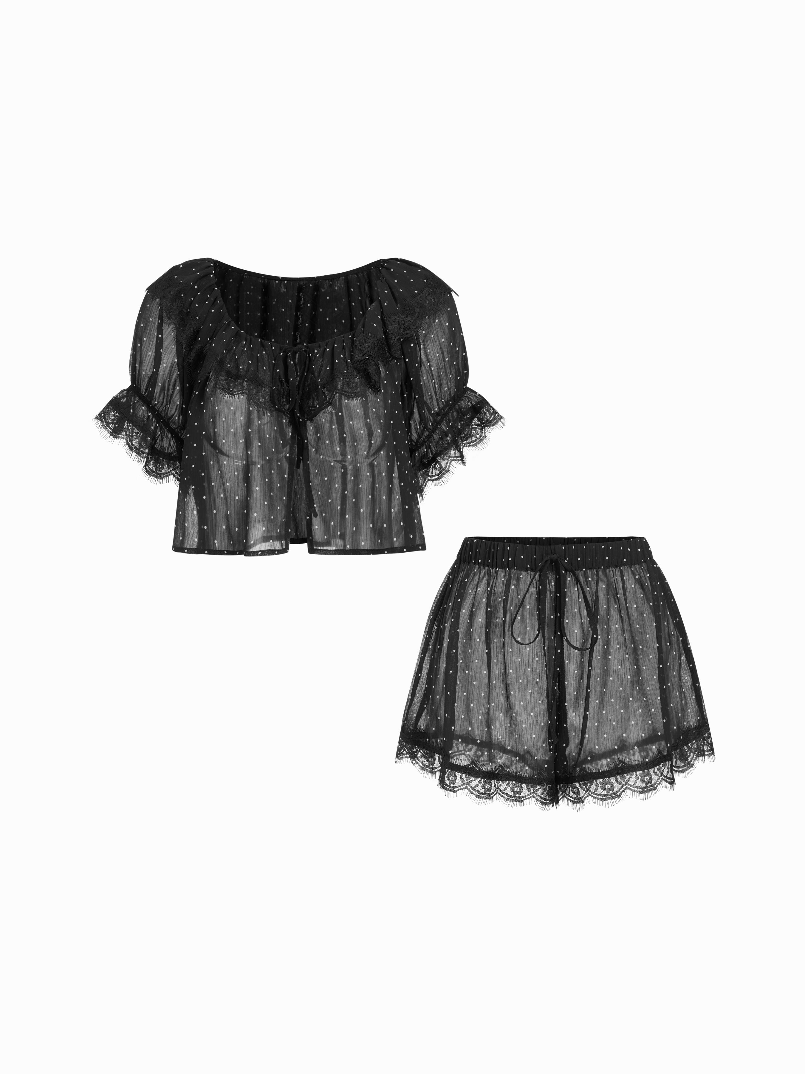 Chiffon Polka Dot  Lace Trim Ruffled Crop Top & Shorts Loungewear Set by CIDER