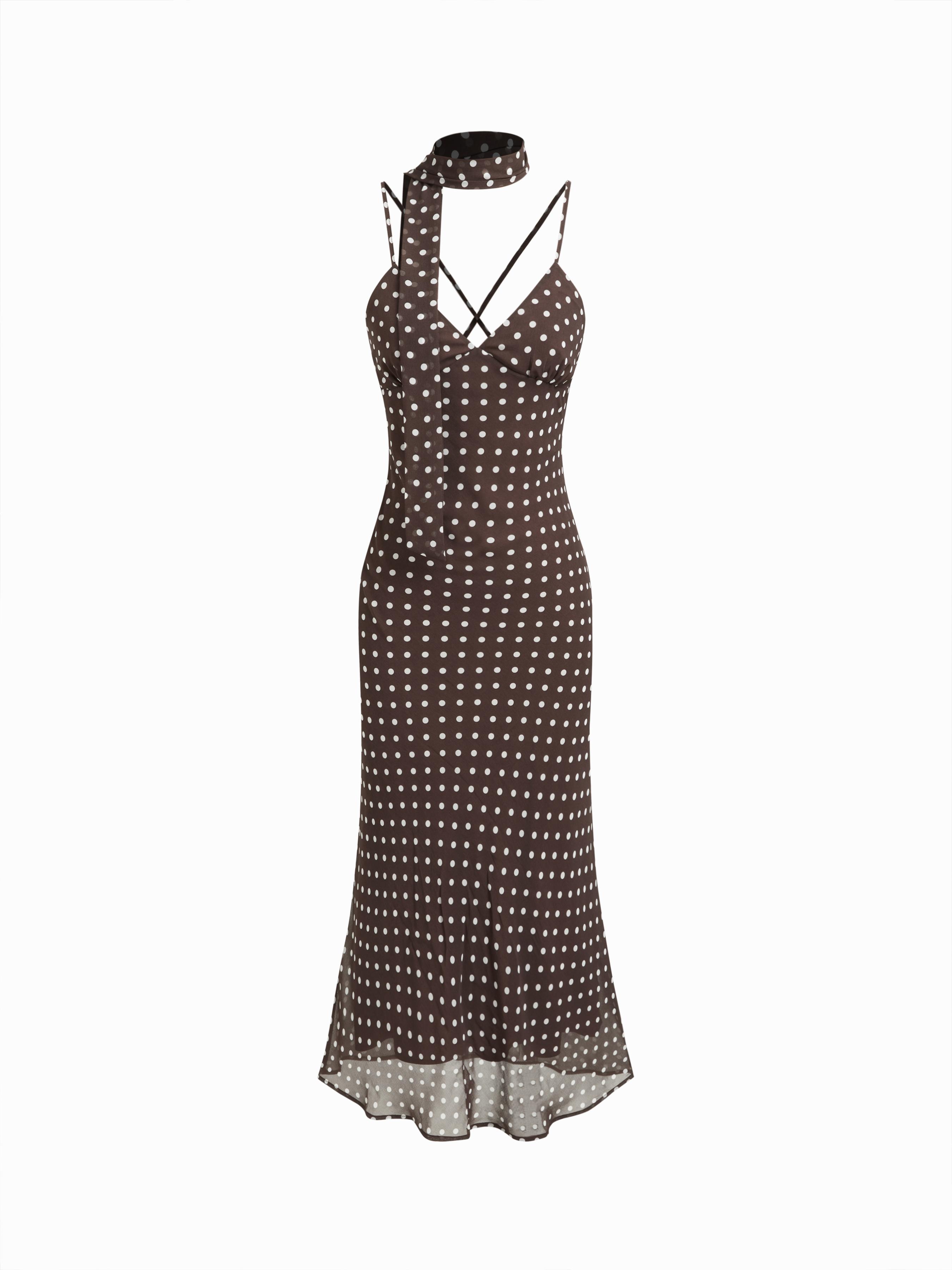 Chiffon Polka Dot Maxi Slip Dress With Scarf by CIDER