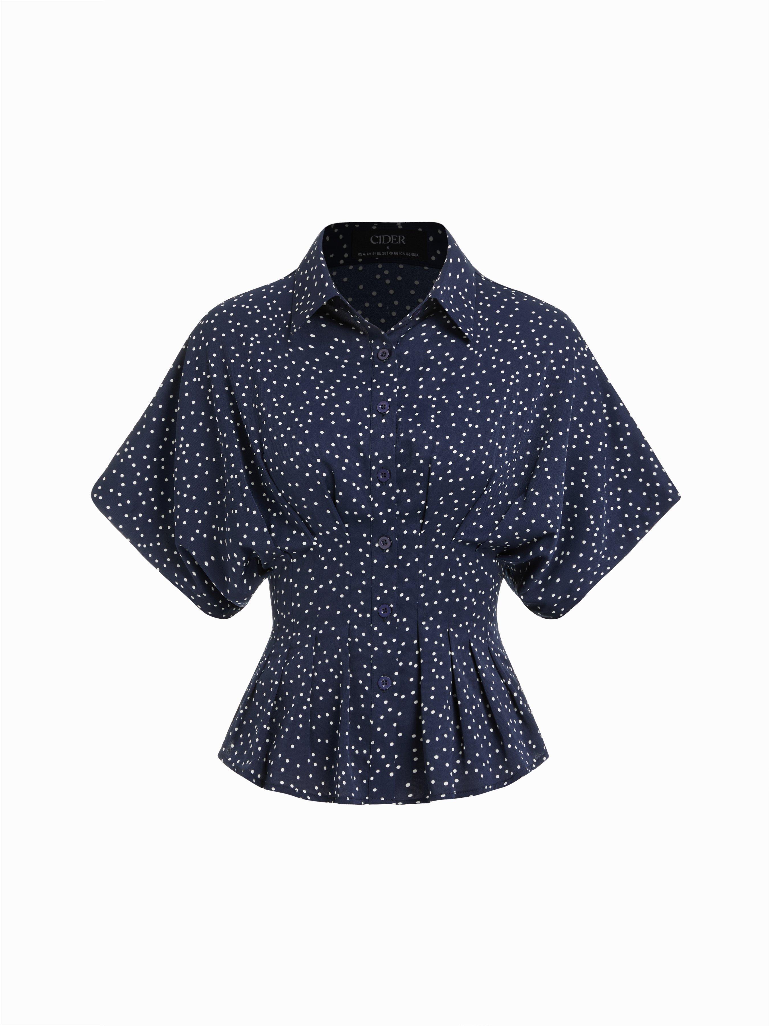 Chiffon Polka Dot Ruched Cinched Waist Batwing Sleeve Blouse by CIDER