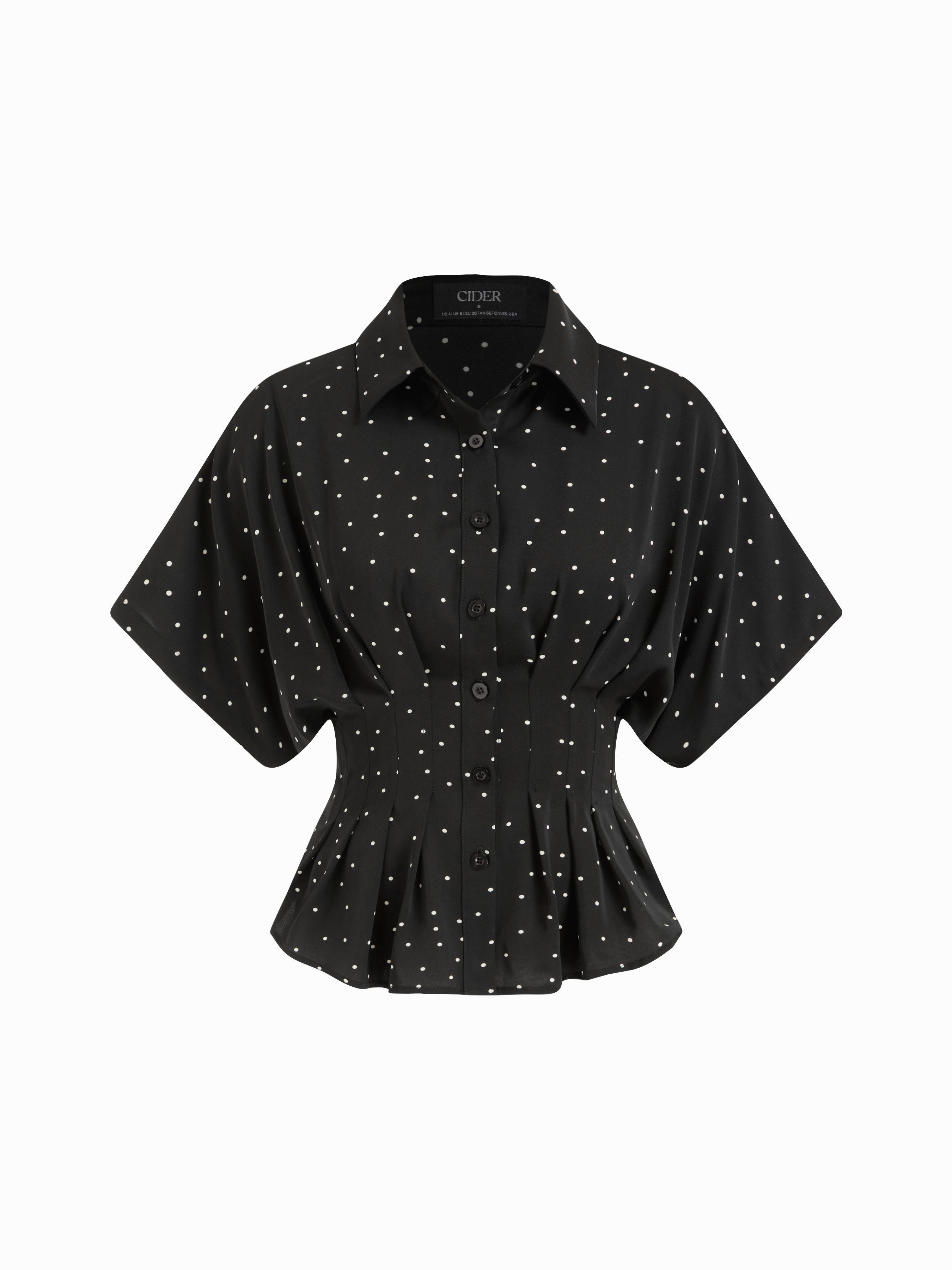 Chiffon Polka Dot Ruched Cinched Waist Batwing Sleeve Blouse by CIDER