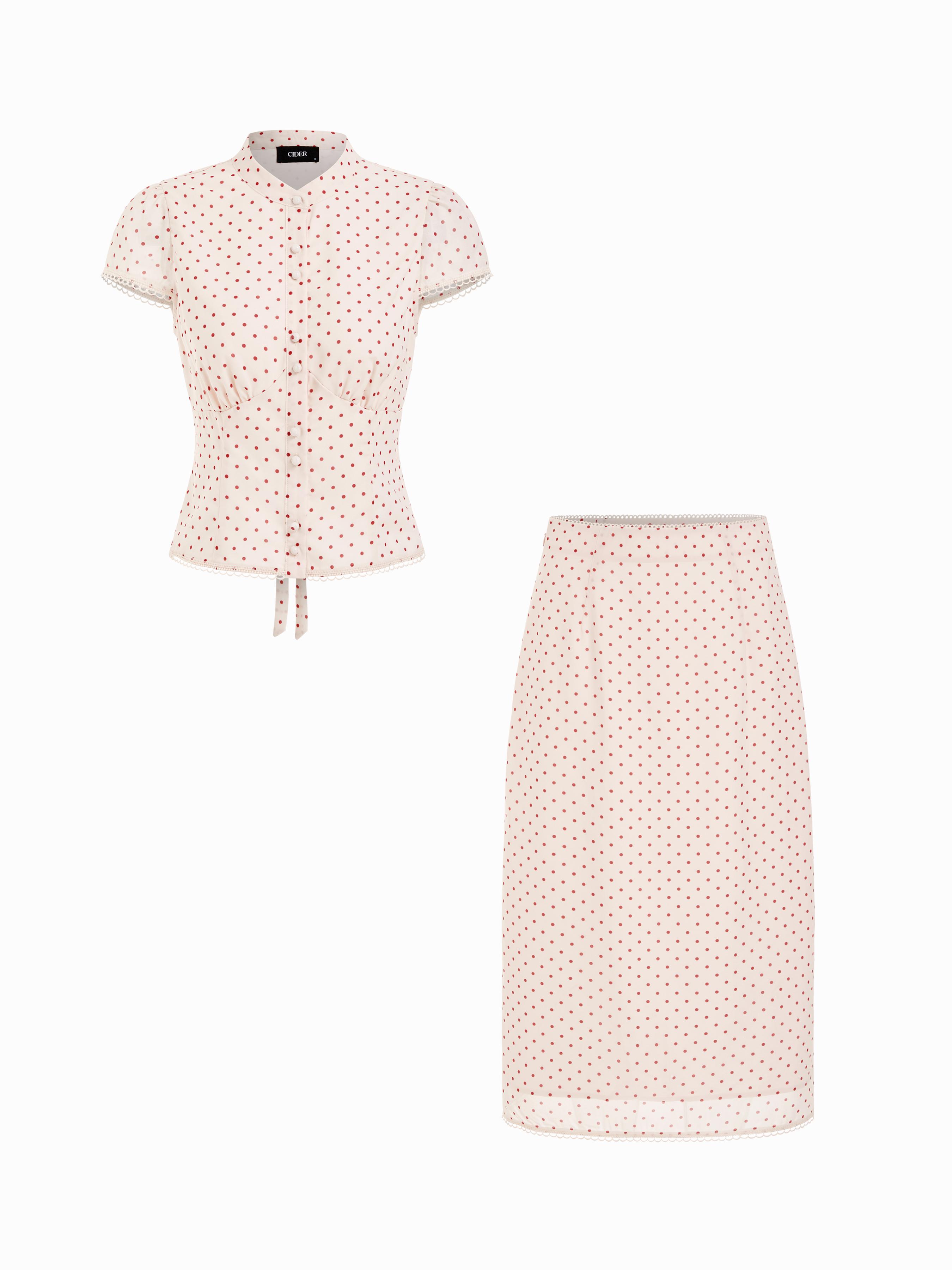 Chiffon Polka Dot Ruched Top & Mid Rise Pencil Midi Skirt Set by CIDER