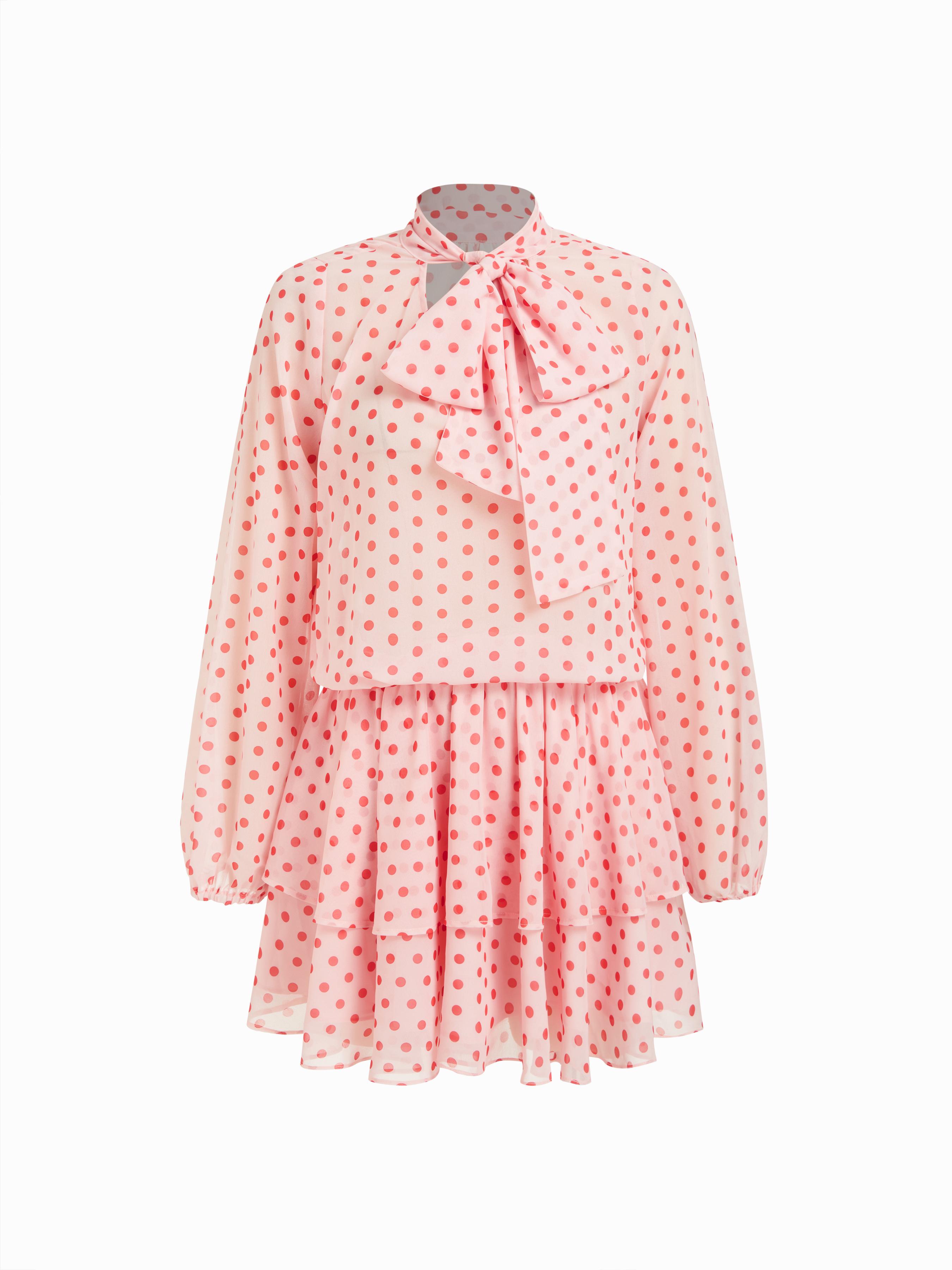Chiffon Polka Dot Stand Collar Puff Sleeve Pleated Mini Dress by CIDER