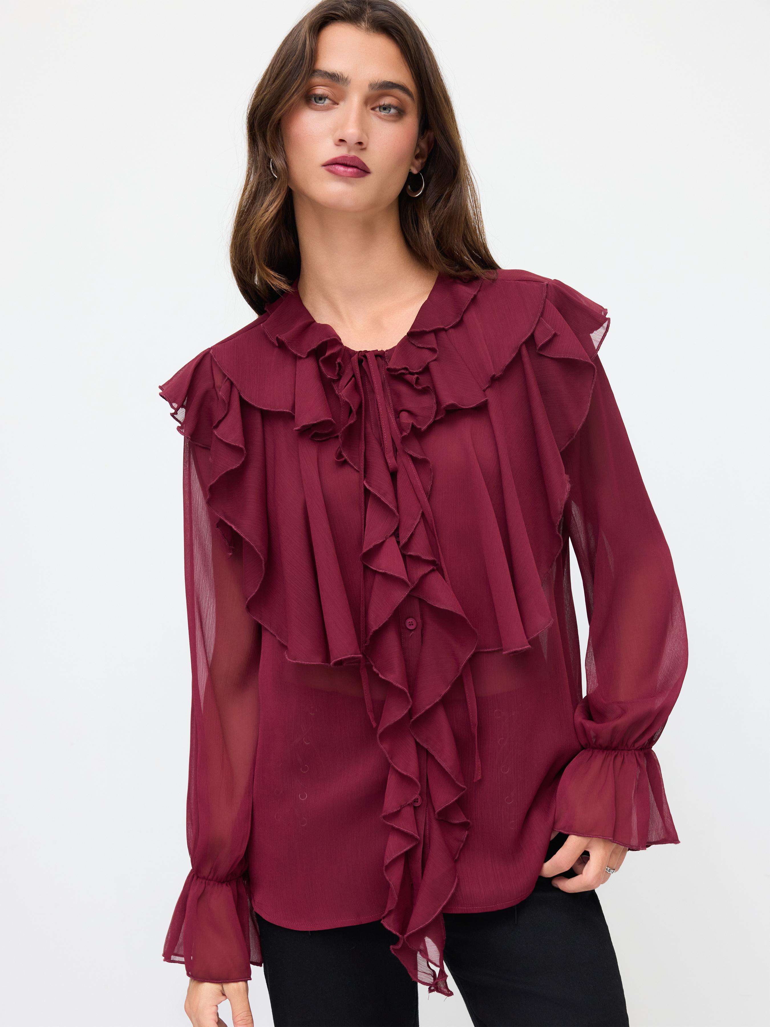 Chiffon Round Neckline Knotted Ruffle Bell Sleeve Blouse by CIDER