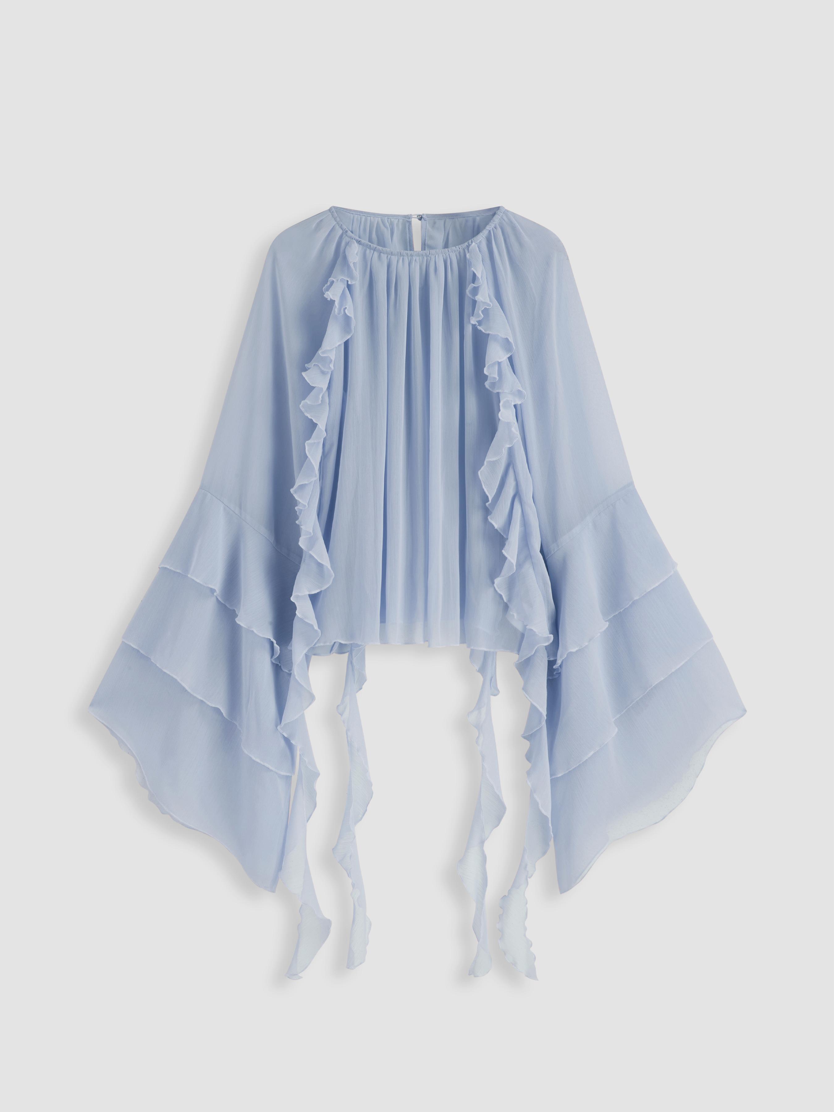 Chiffon Ruffle Hem See-through Oversized Bell Sleeve Blouse by CIDER