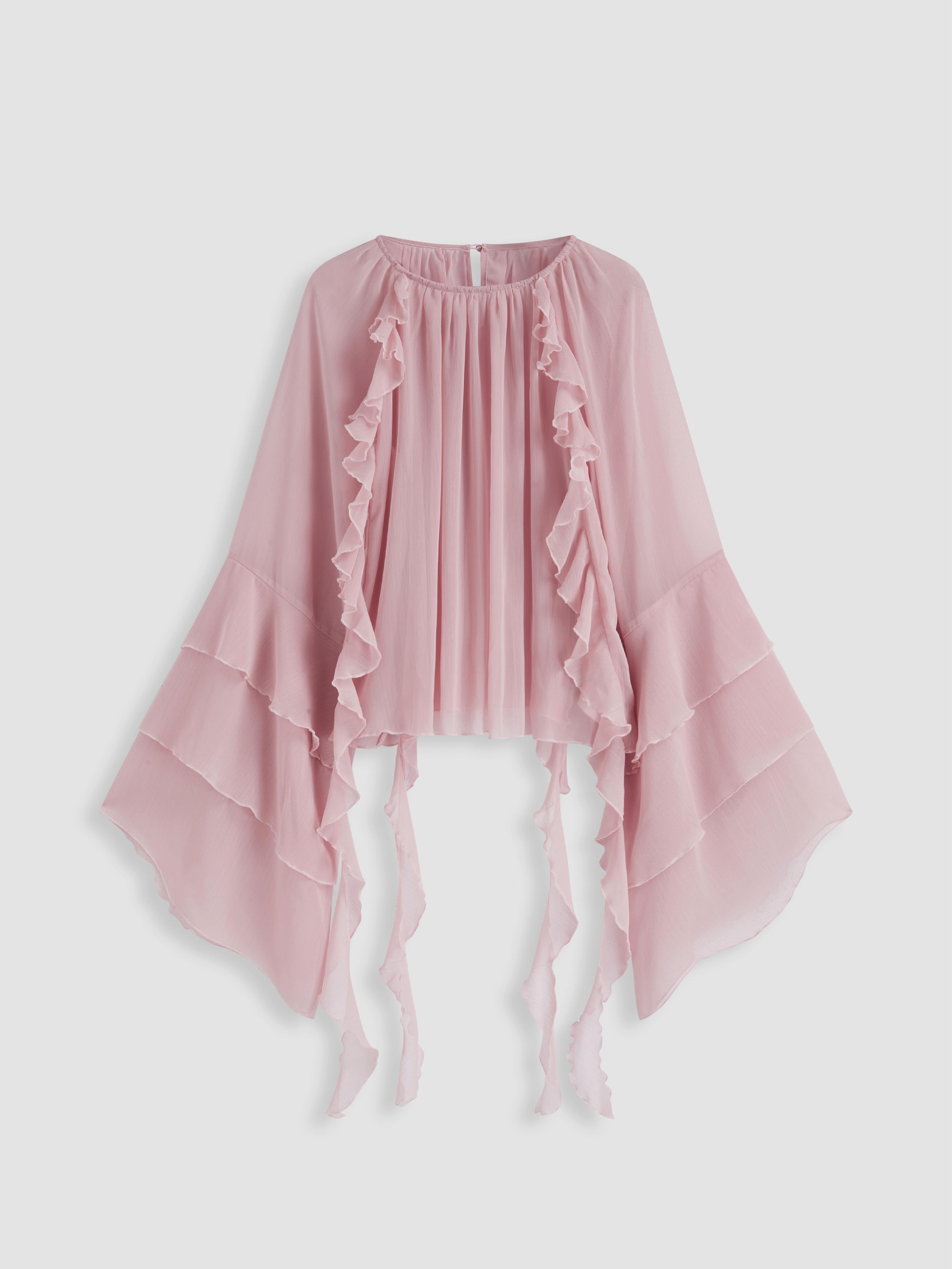 Chiffon Ruffle Hem See-through Oversized Bell Sleeve Blouse by CIDER