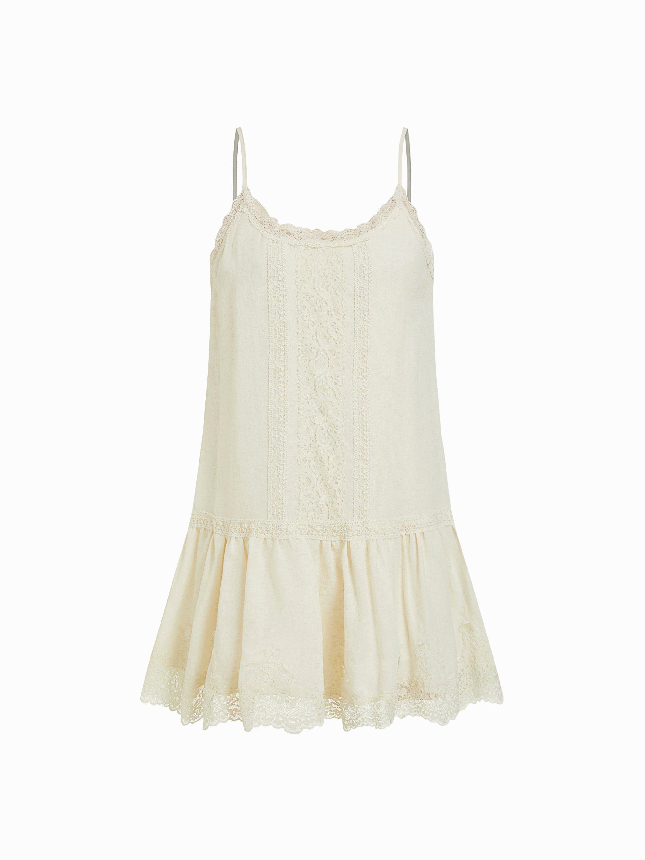 Chiffon Scoop Neck Lace Panel Ruffle Hem Straight Mini Dress by CIDER