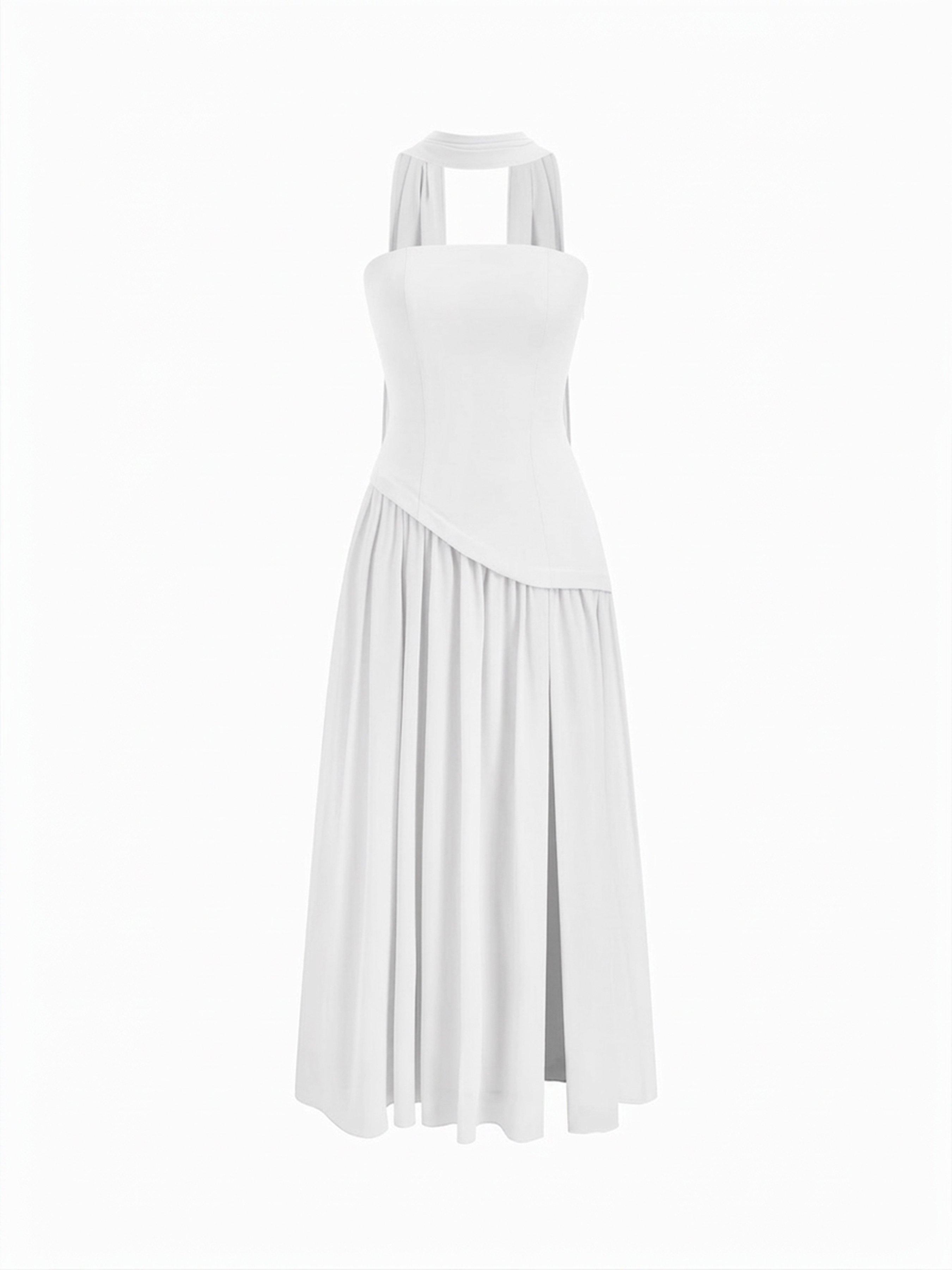 Chiffon Sculptural Halter Neckline Lace Up Maxi Bobycon Dress With Scarf by CIDER