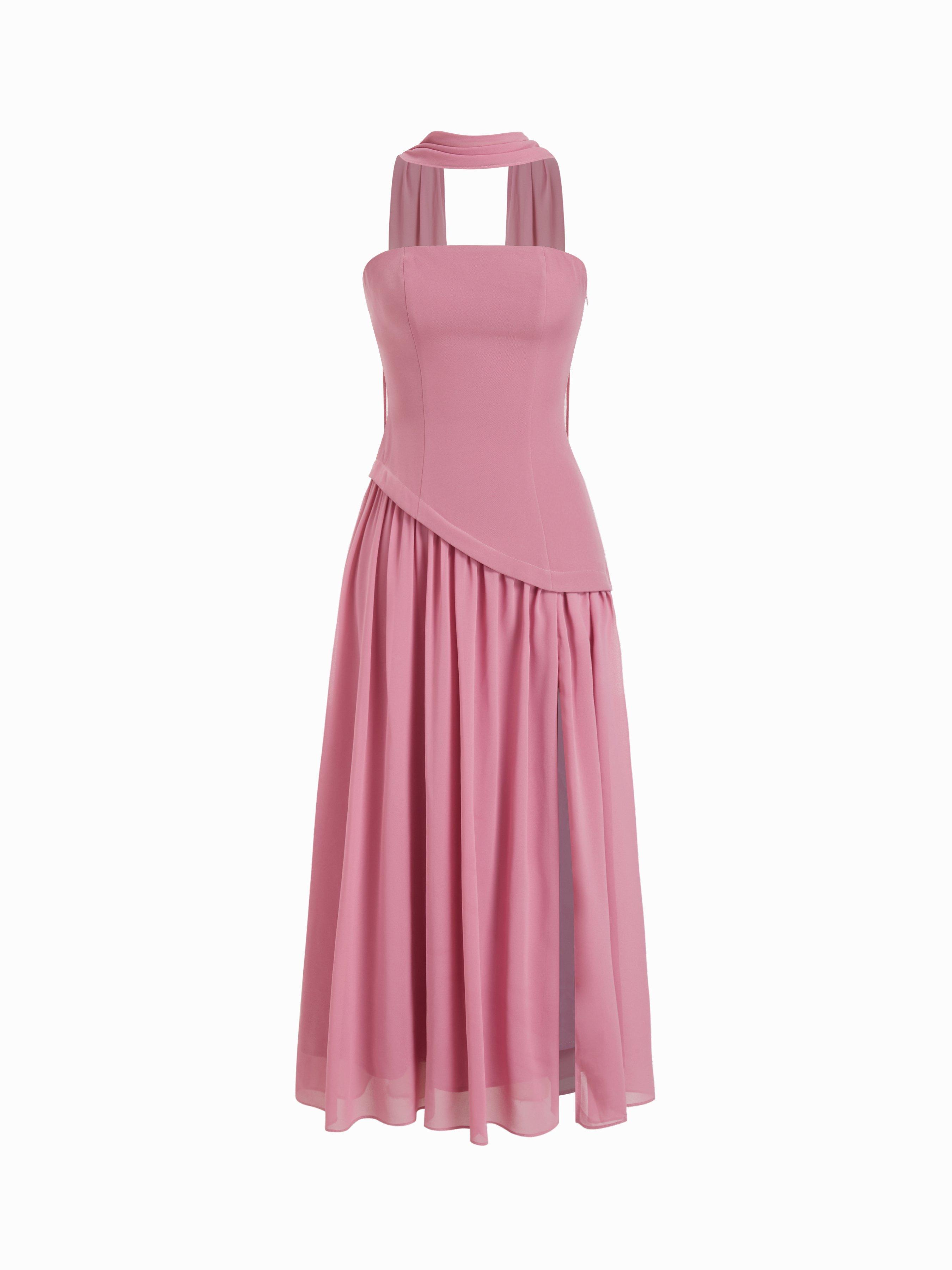 Chiffon Sculptural Halter Neckline Lace Up Maxi Bobycon Dress With Scarf by CIDER