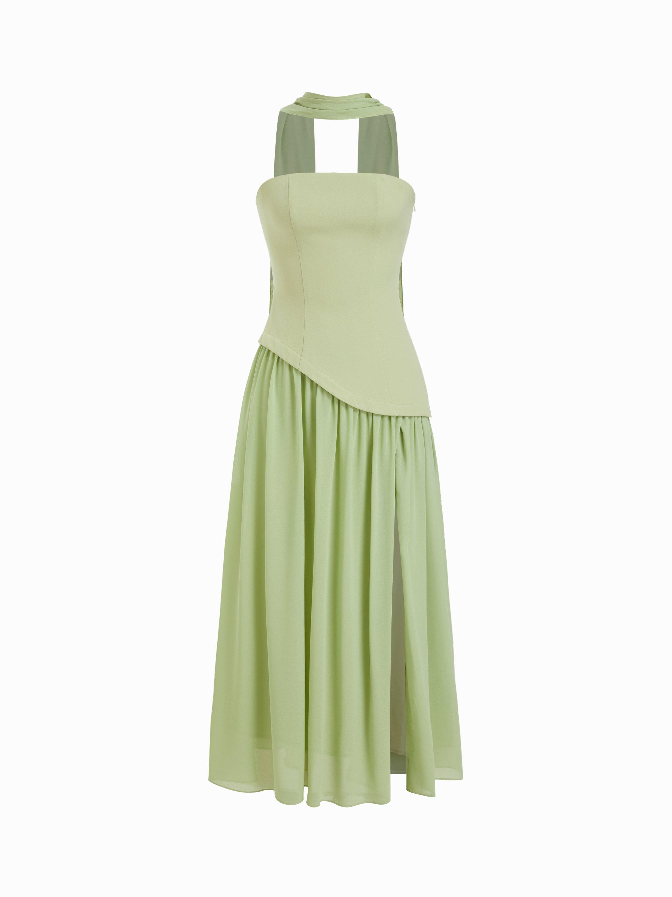Chiffon Sculptural Halter Neckline Lace Up Maxi Bobycon Dress With Scarf by CIDER