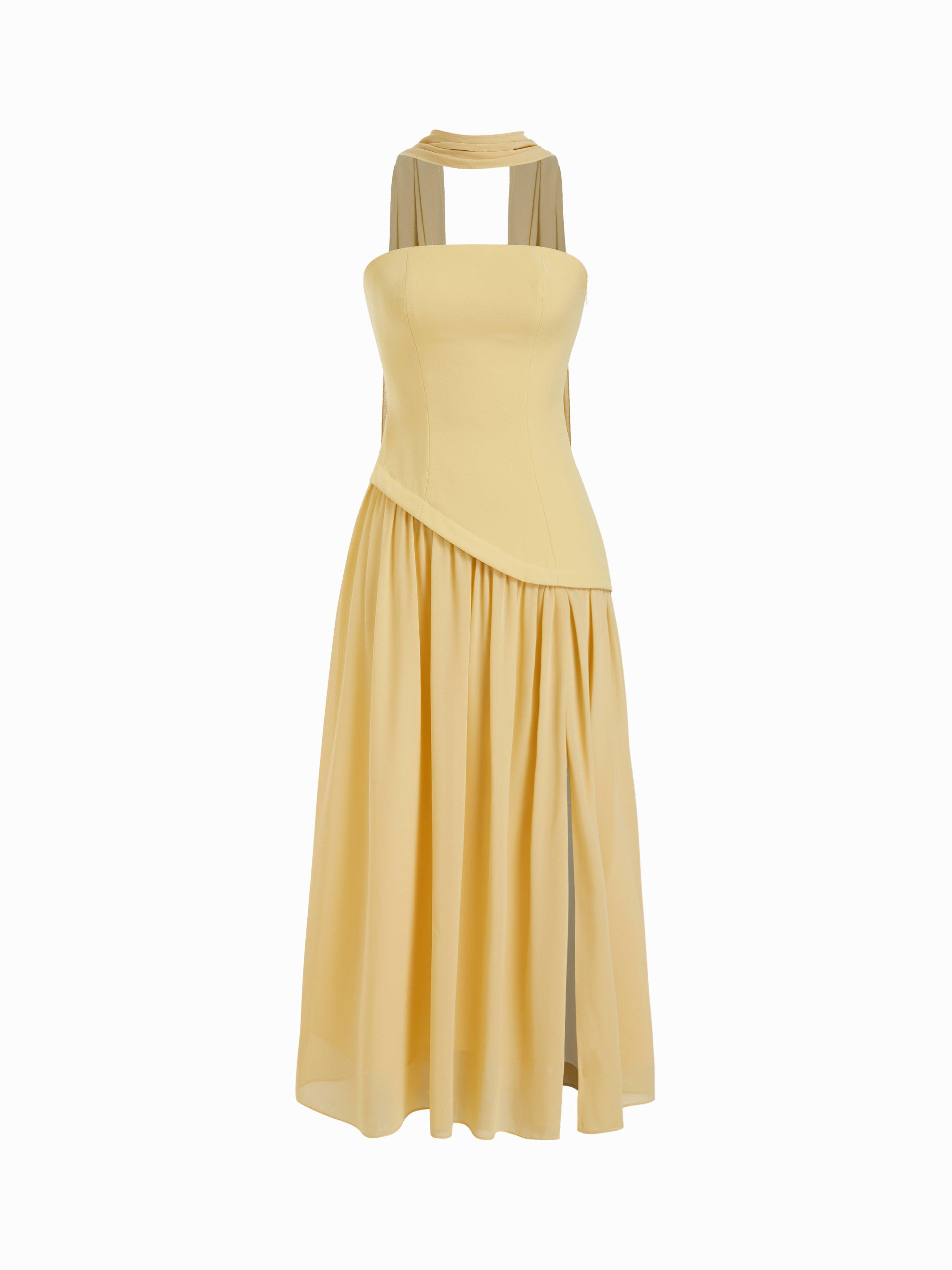 Chiffon Sculptural Halter Neckline Lace Up Maxi Bobycon Dress With Scarf by CIDER