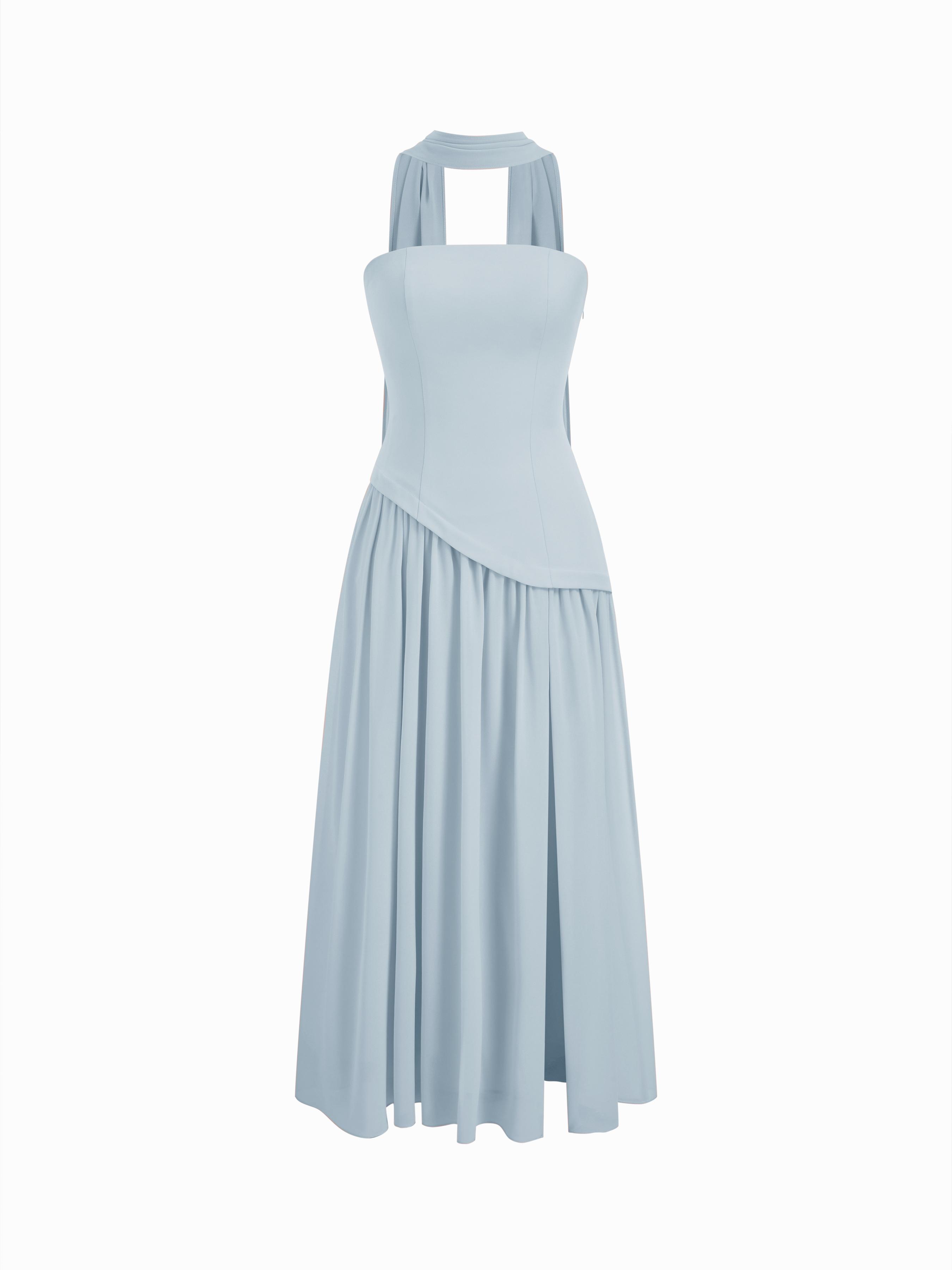 Chiffon Sculptural Halter Neckline Lace Up Maxi Bobycon Dress With Scarf by CIDER