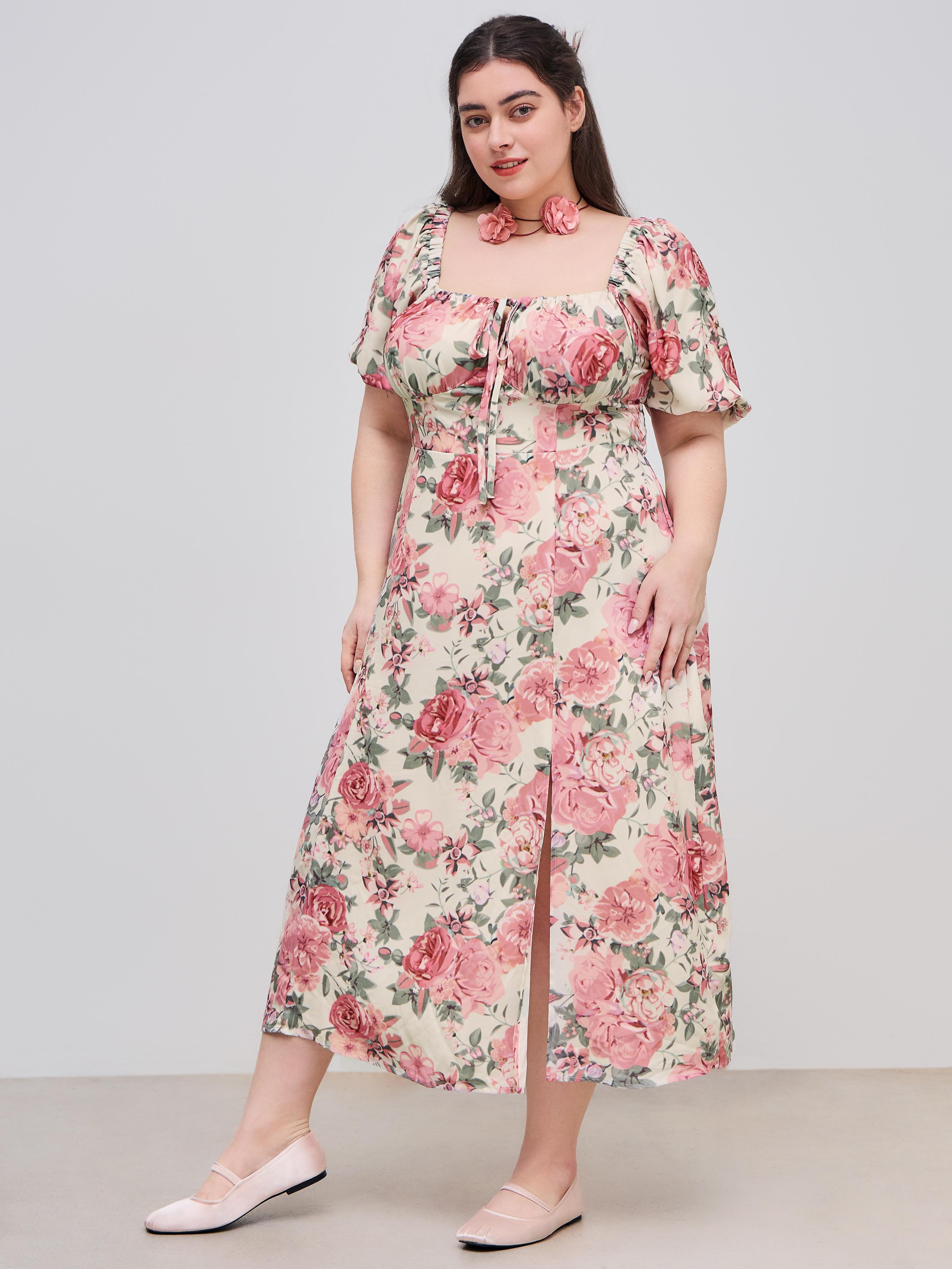 Chiffon Square Neck Floral Shirred Split Knotted Midi Dress Curve & Plus by CIDER